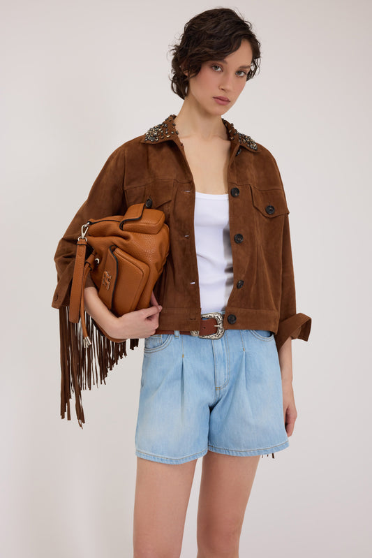 GIUBBOTTO IN CAMOSCIO CON FRANGE E COLLO GIOIELLO