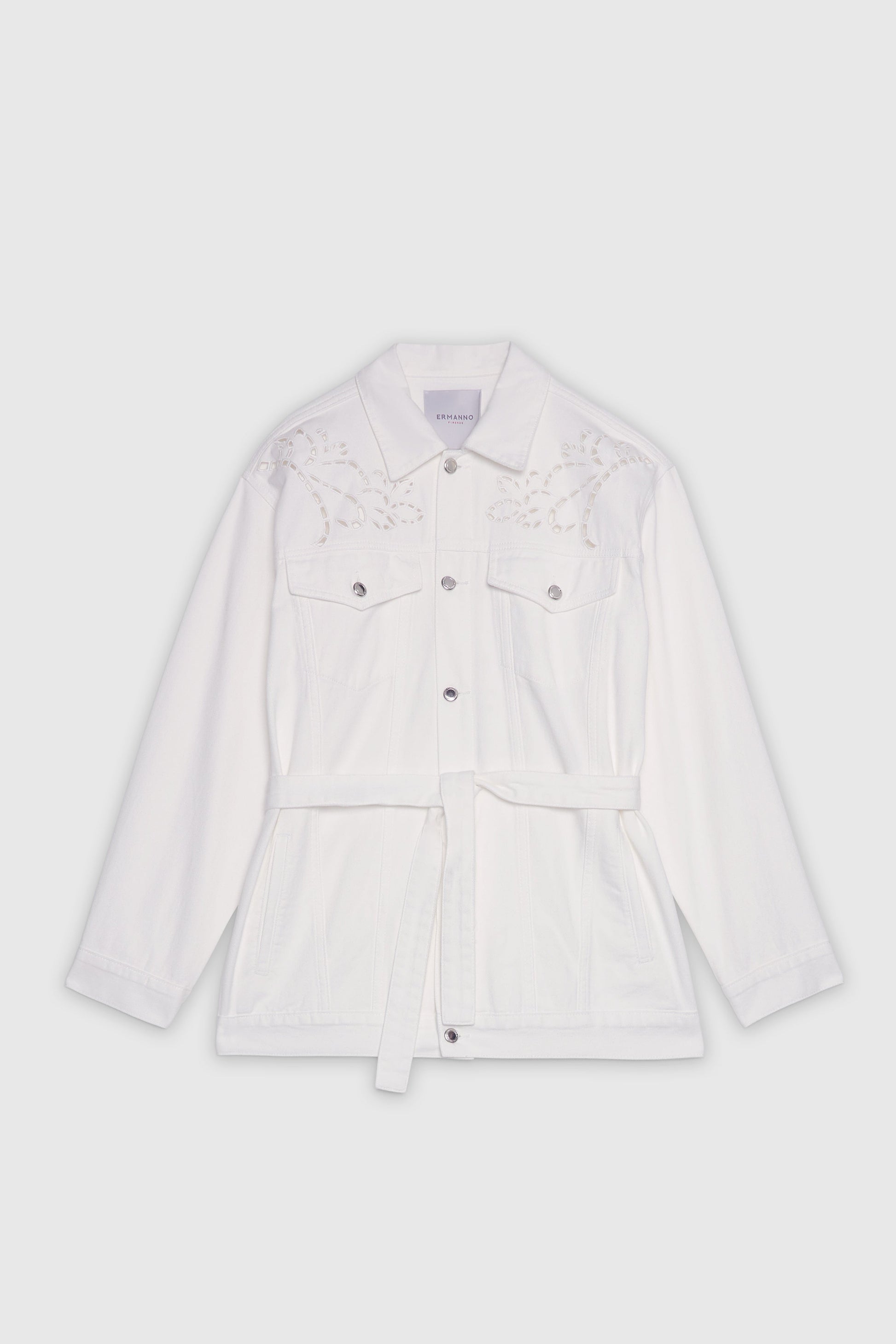 VESTE EN TISSU BULL AVEC BRODERIE ANGLAISE ET CEINTURE À LA TAILLE