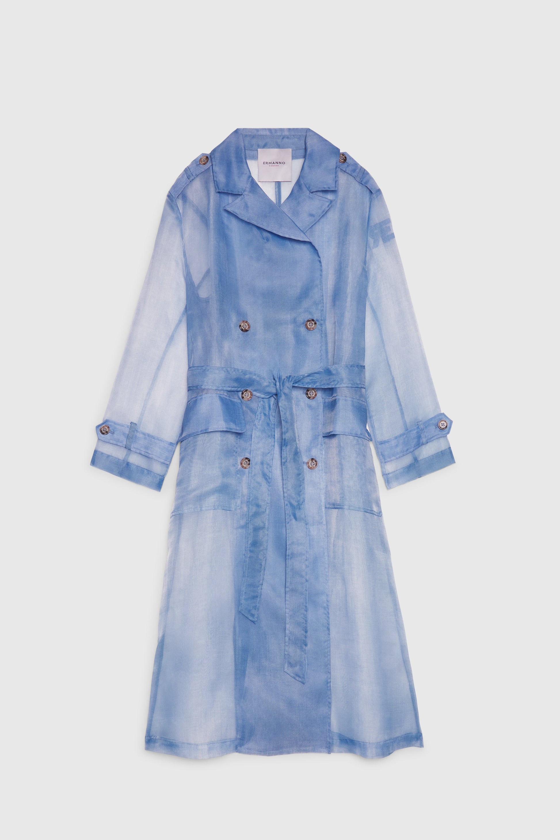 DENIM PRINTED LONG TRENCH IN ORGANZA FABRIC