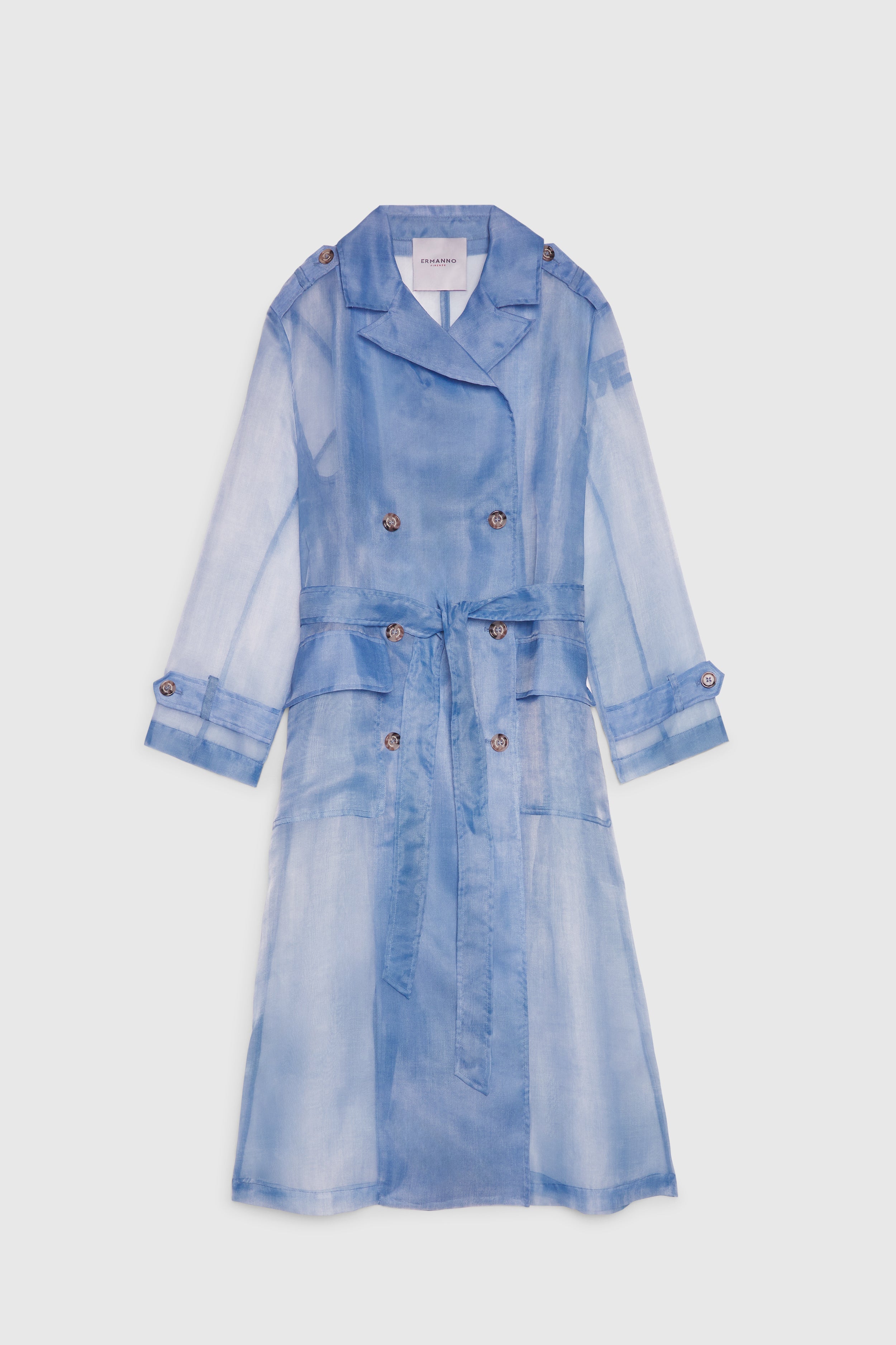 DENIM PRINTED LONG TRENCH IN ORGANZA FABRIC