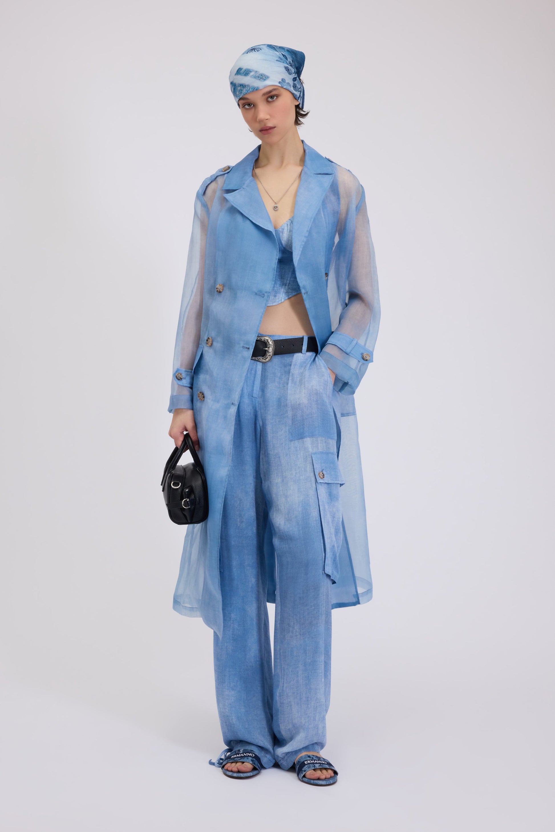 DENIM PRINTED LONG TRENCH IN ORGANZA FABRIC