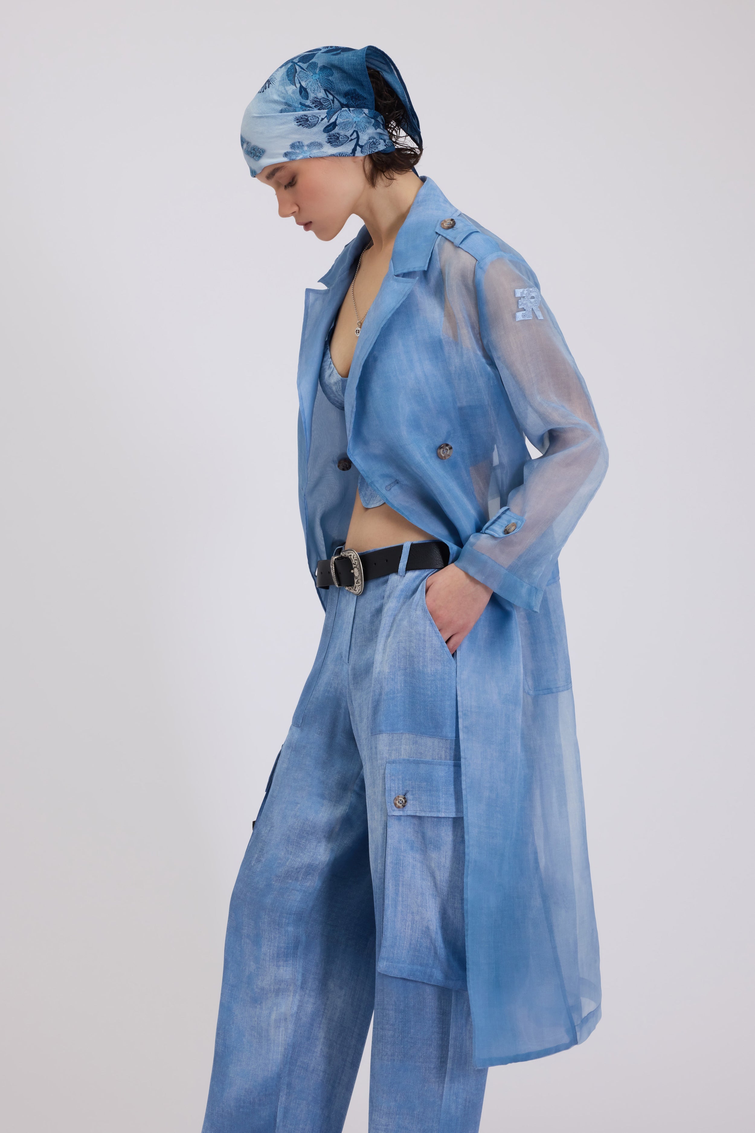 DENIM PRINTED LONG TRENCH IN ORGANZA FABRIC