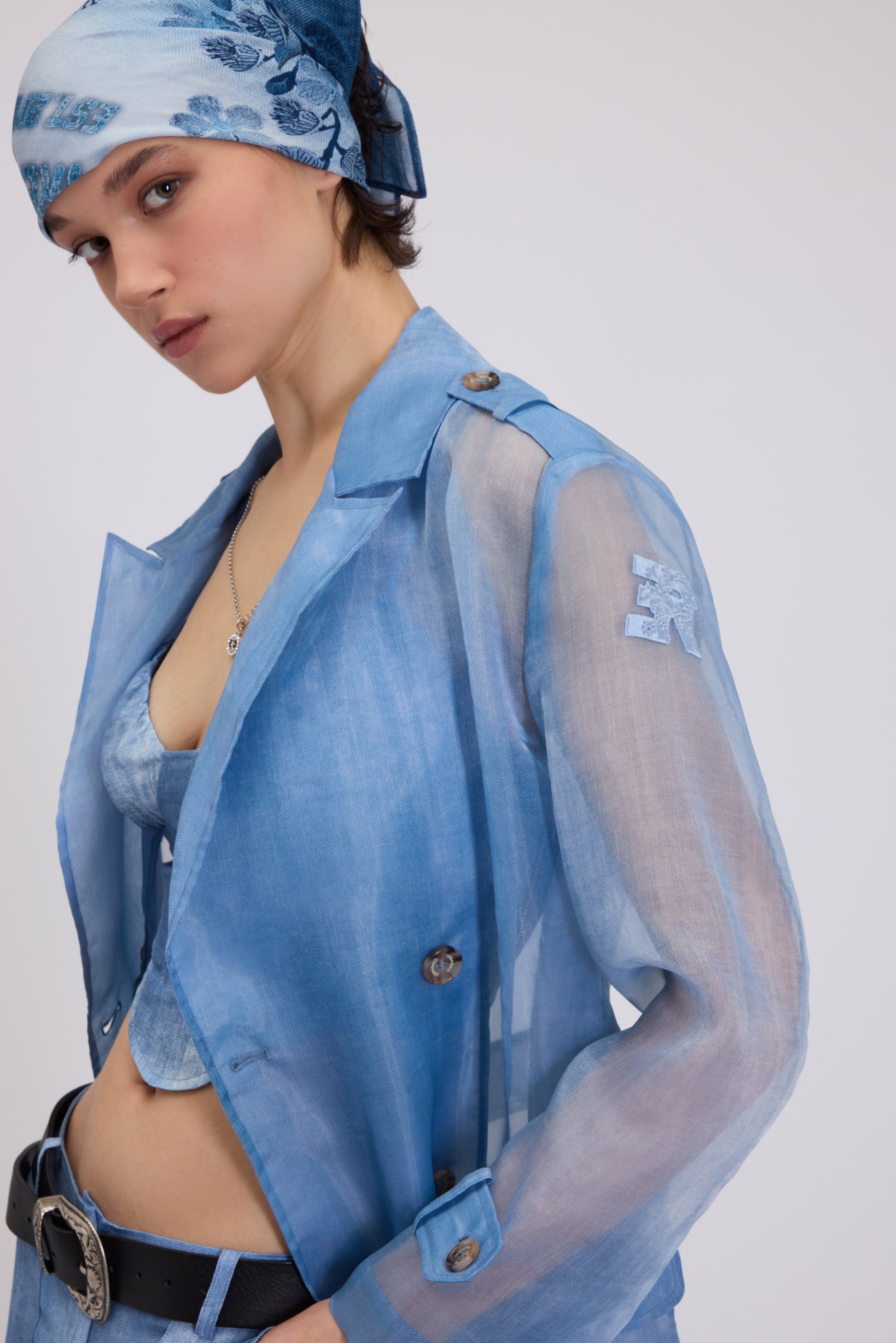 DENIM PRINTED LONG TRENCH IN ORGANZA FABRIC