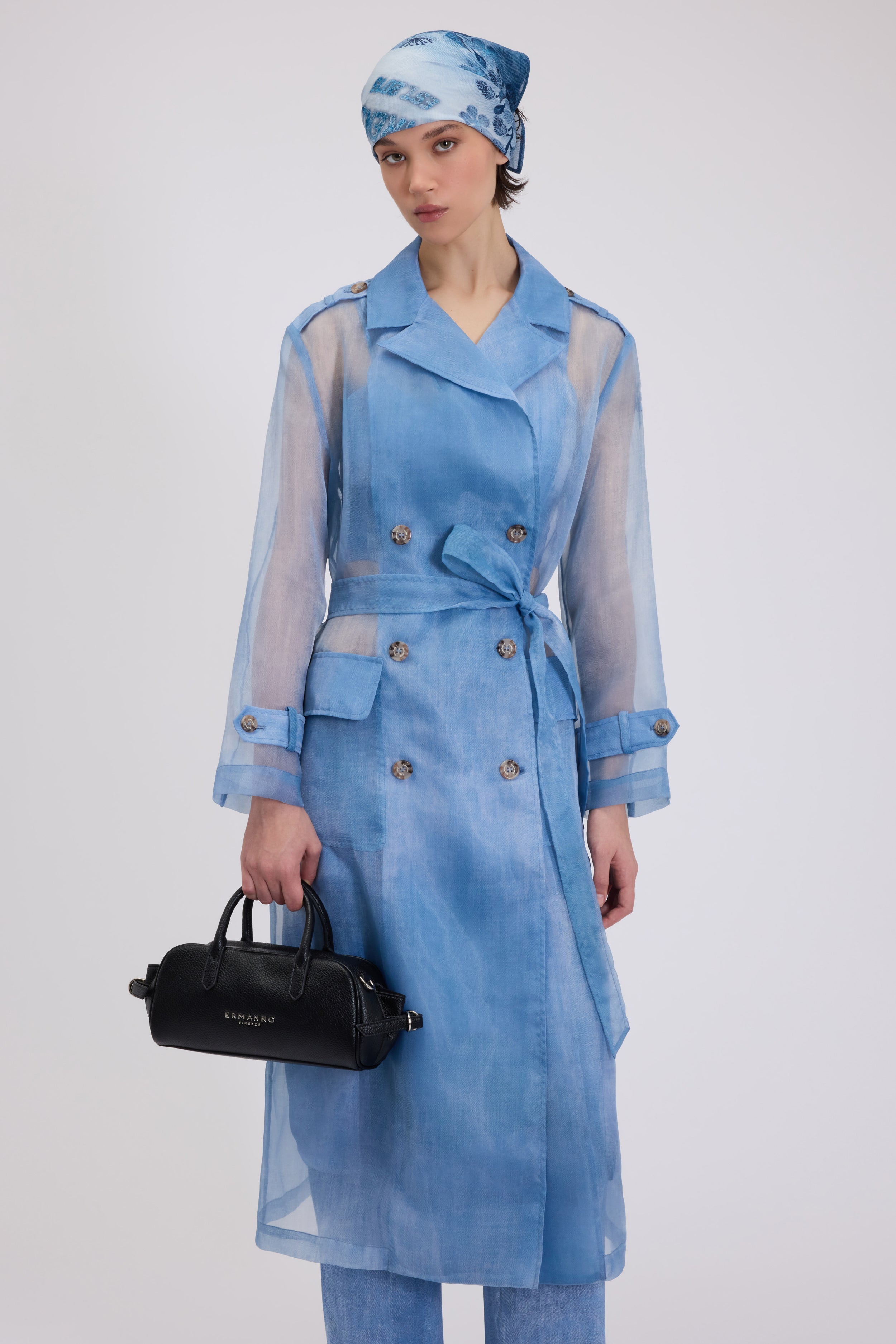 DENIM PRINTED LONG TRENCH IN ORGANZA FABRIC