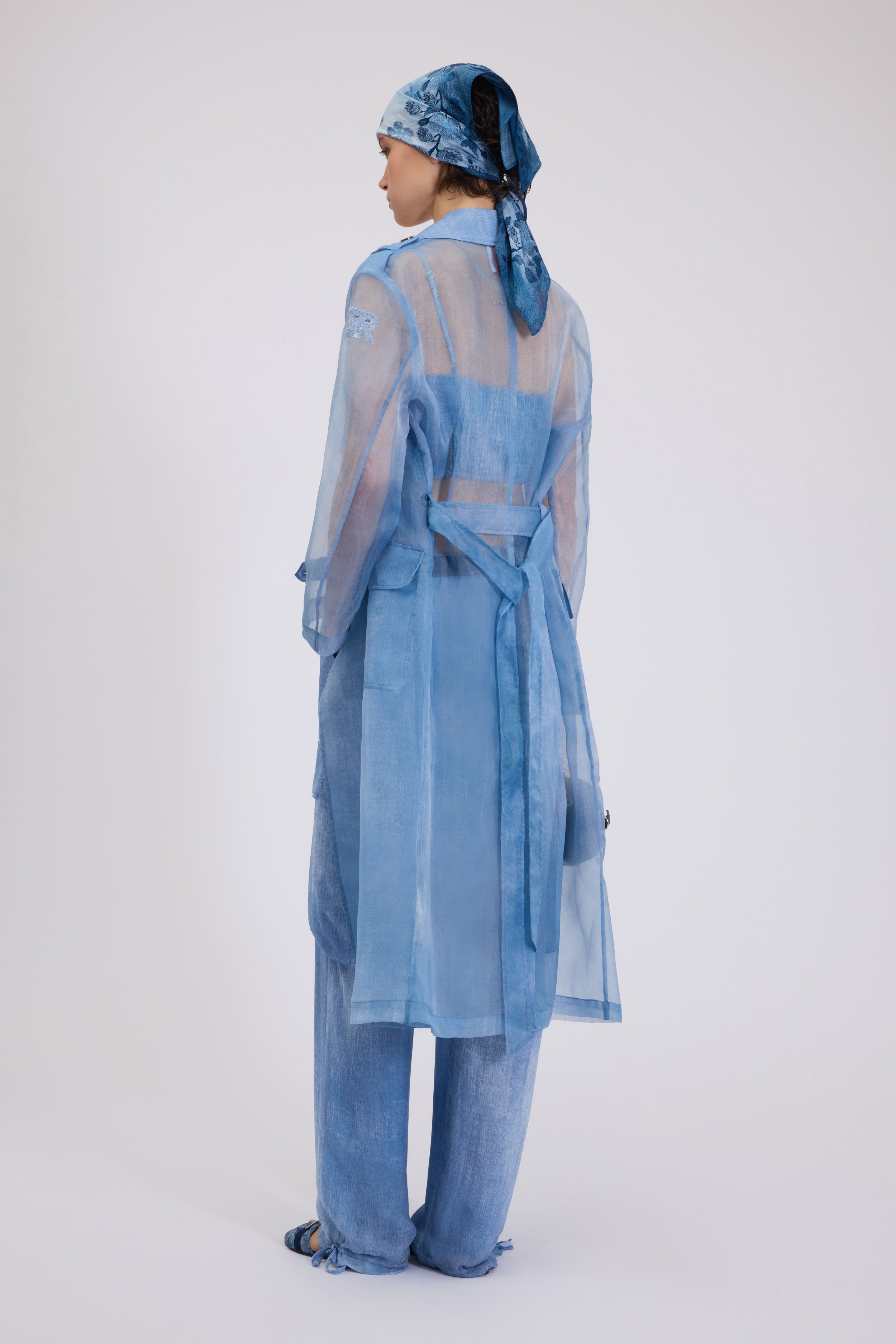 DENIM PRINTED LONG TRENCH IN ORGANZA FABRIC