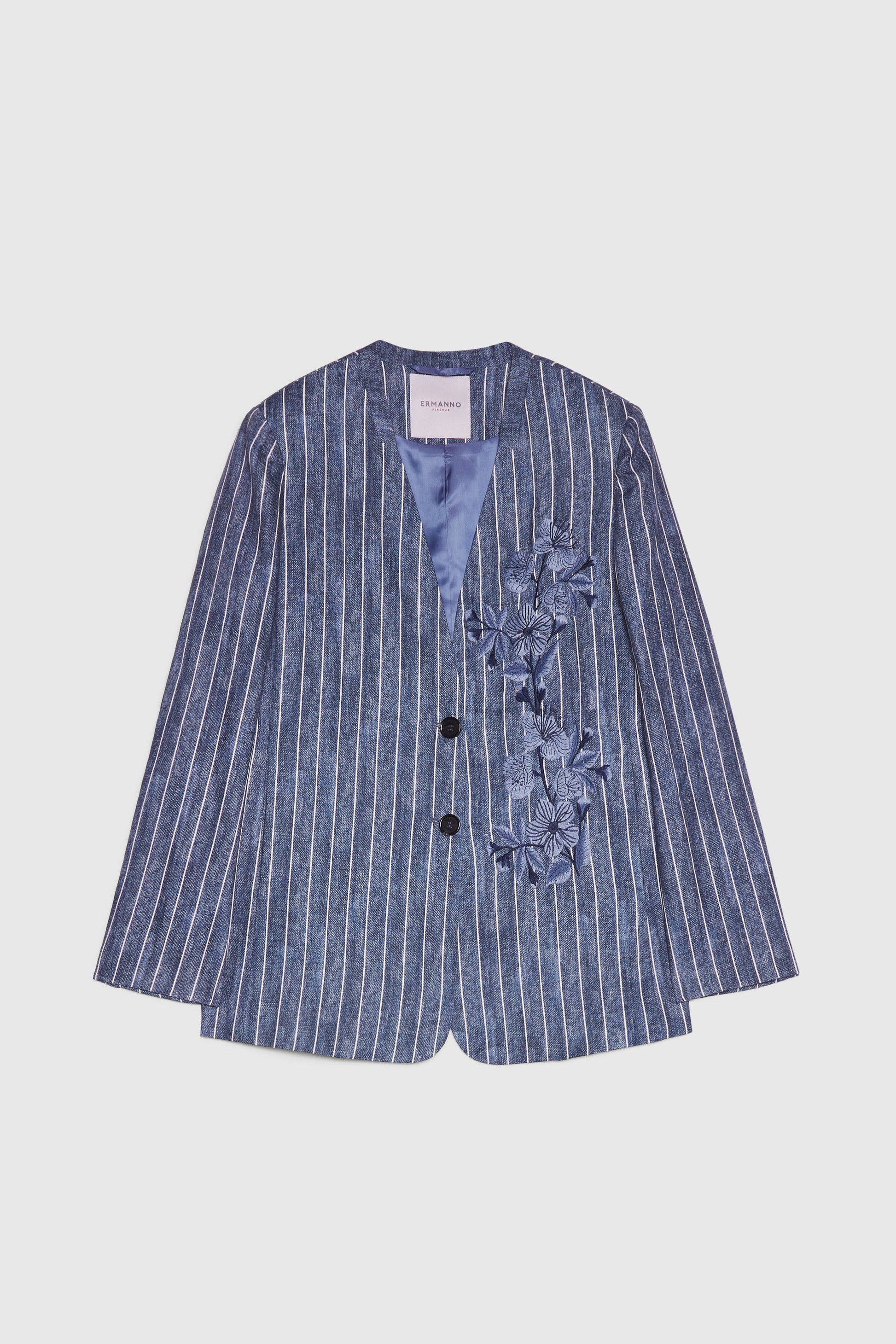 V-NECK PINSTRIPE LINEN BLAZER WITH EMBROIDERY