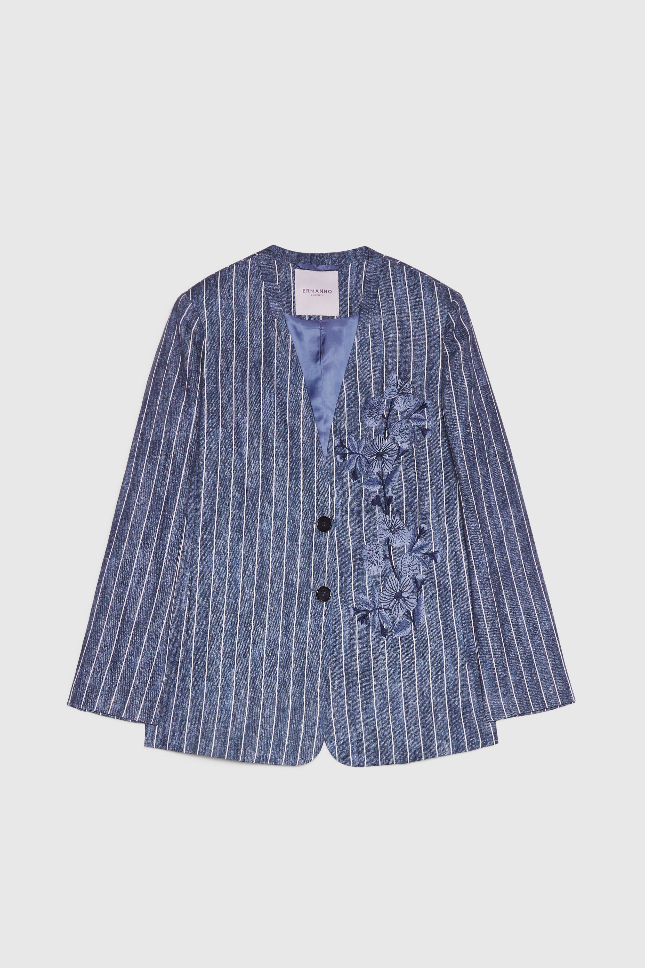 V-NECK PINSTRIPE LINEN BLAZER WITH EMBROIDERY