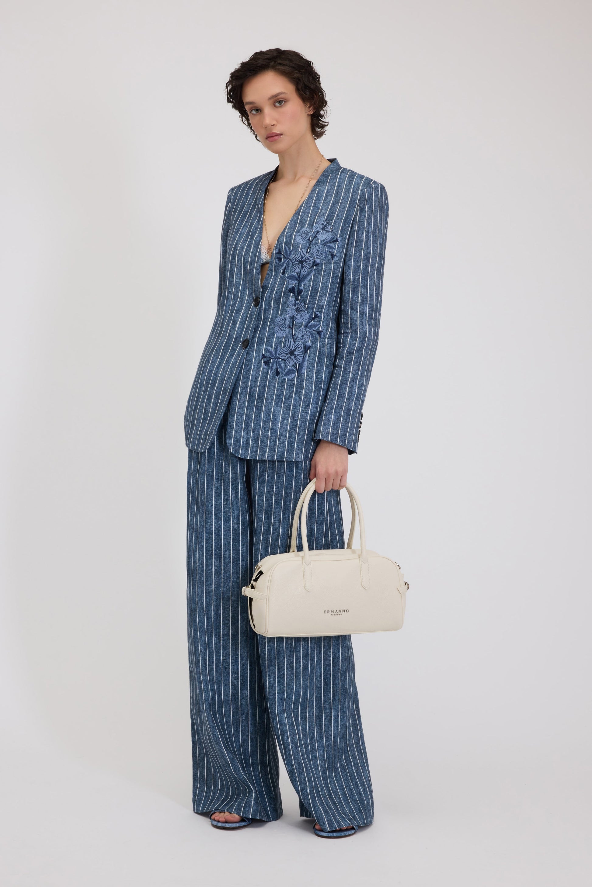 V-NECK PINSTRIPE LINEN BLAZER WITH EMBROIDERY