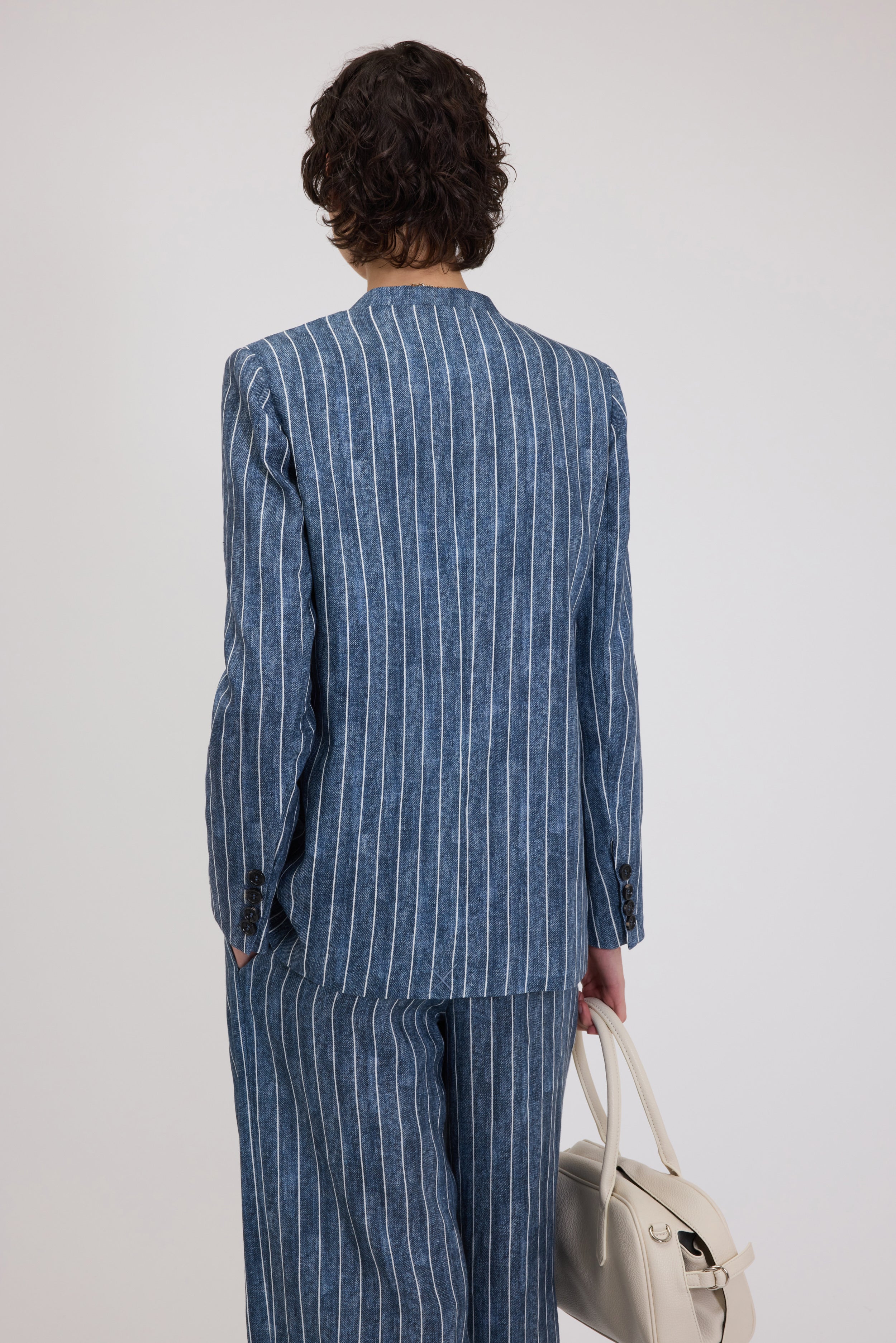 V-NECK PINSTRIPE LINEN BLAZER WITH EMBROIDERY