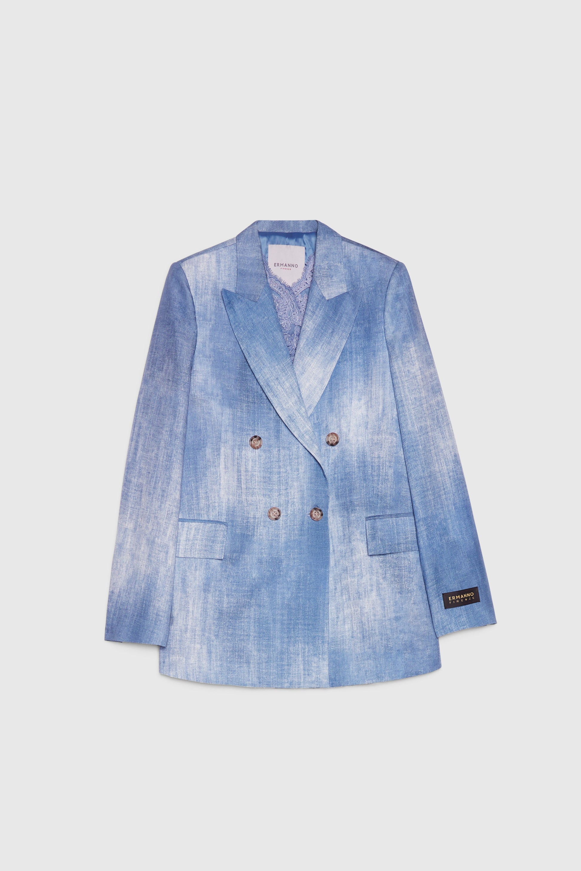 DOUBLE-BREASTED BLAZER IN LINEN-BLEND WITH DENIM PRINT AND FOULARD