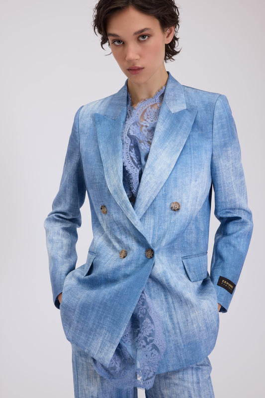 BLAZER DOPPIOPETTO IN MISTO LINO STAMPA DENIM CON FOULARD