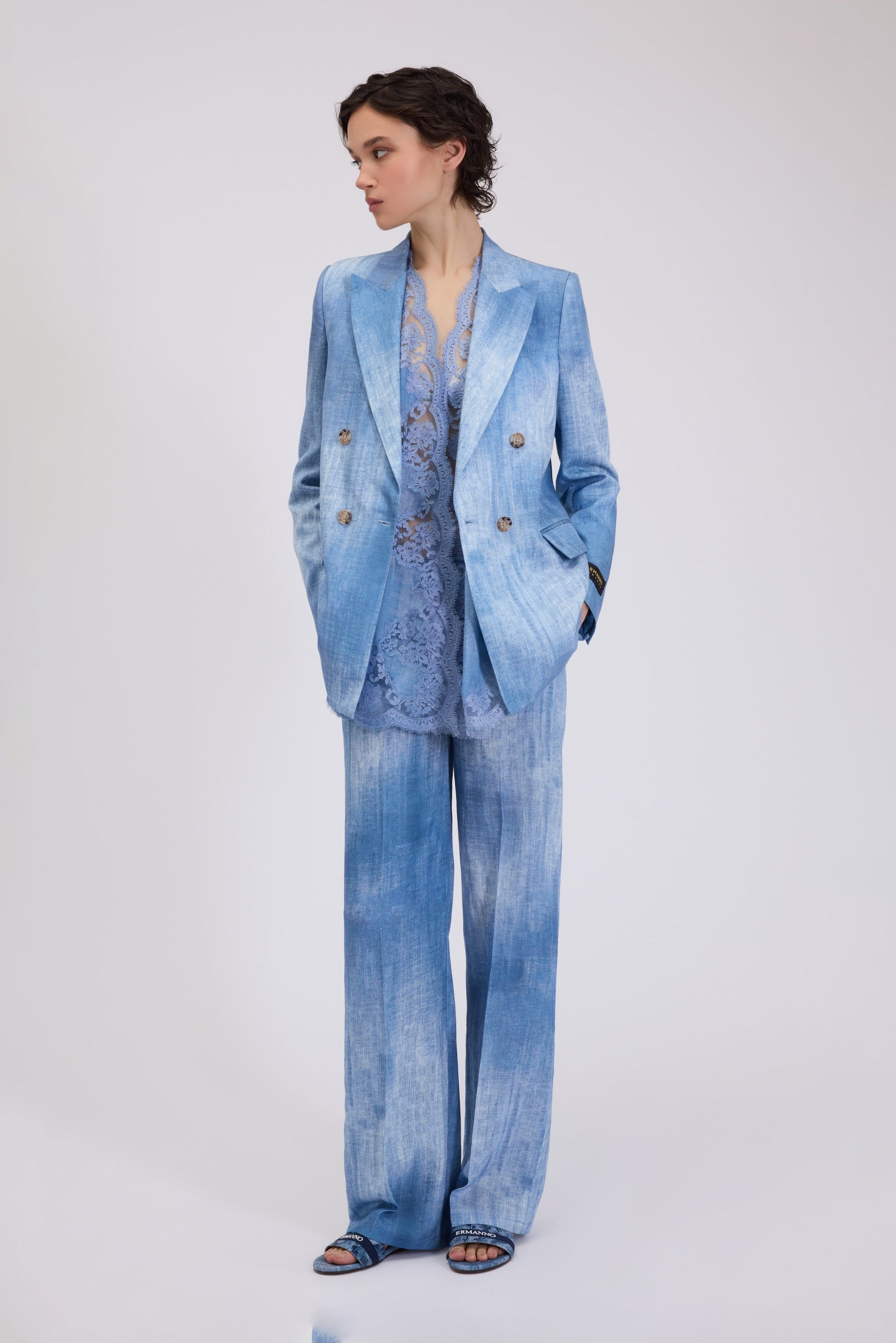 DOUBLE-BREASTED BLAZER IN LINEN-BLEND WITH DENIM PRINT AND FOULARD