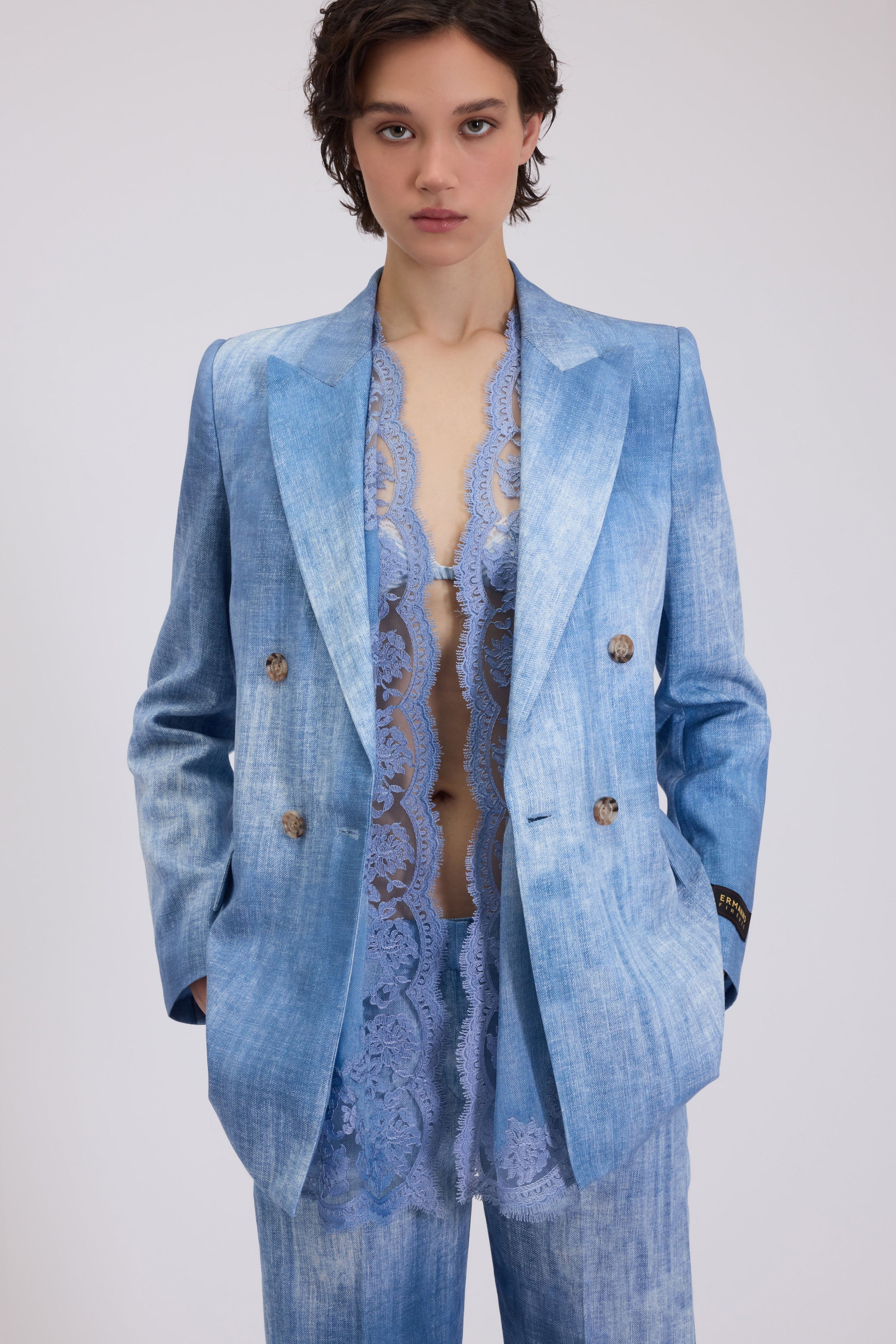 DOUBLE-BREASTED BLAZER IN LINEN-BLEND WITH DENIM PRINT AND FOULARD