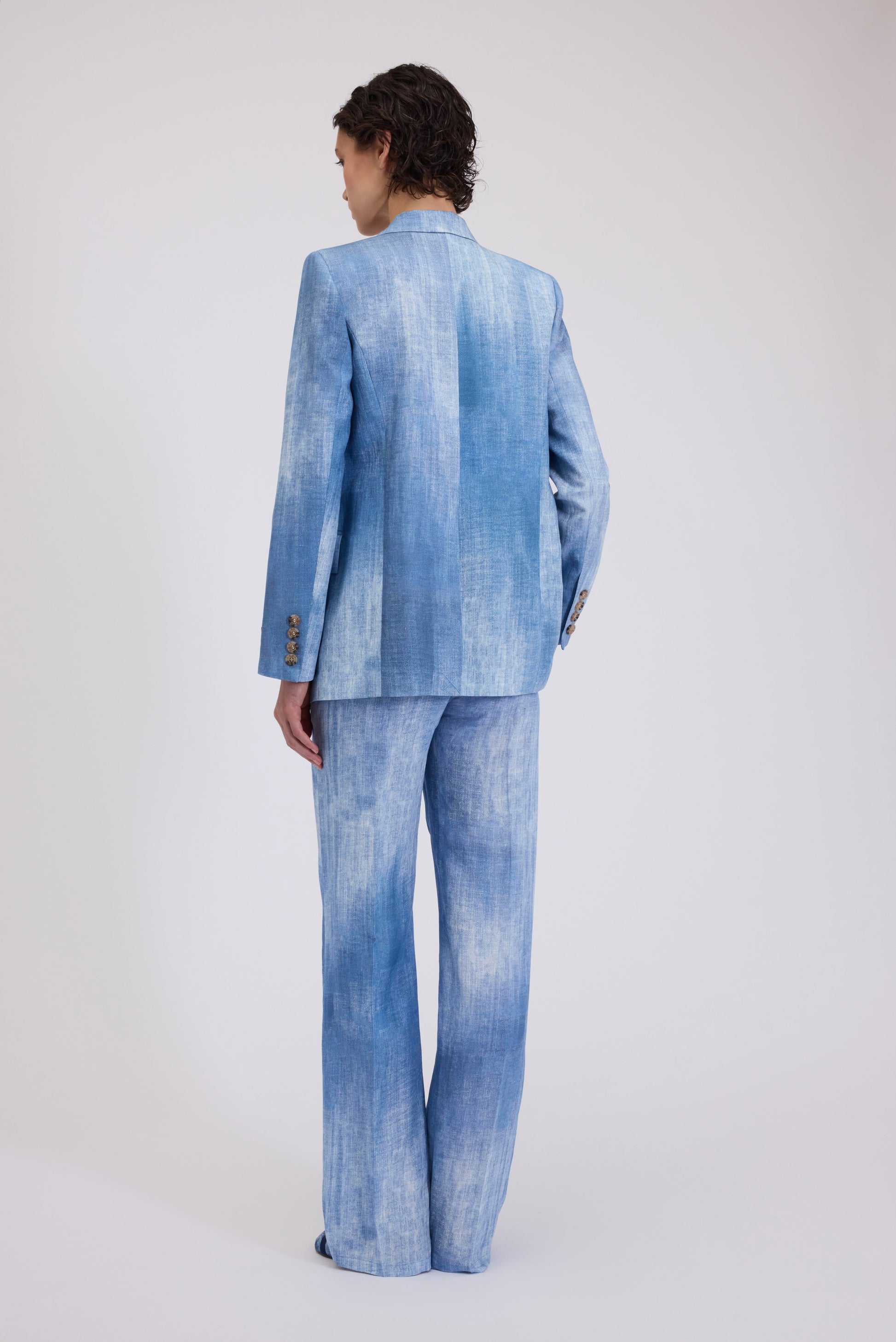 DOUBLE-BREASTED BLAZER IN LINEN-BLEND WITH DENIM PRINT AND FOULARD