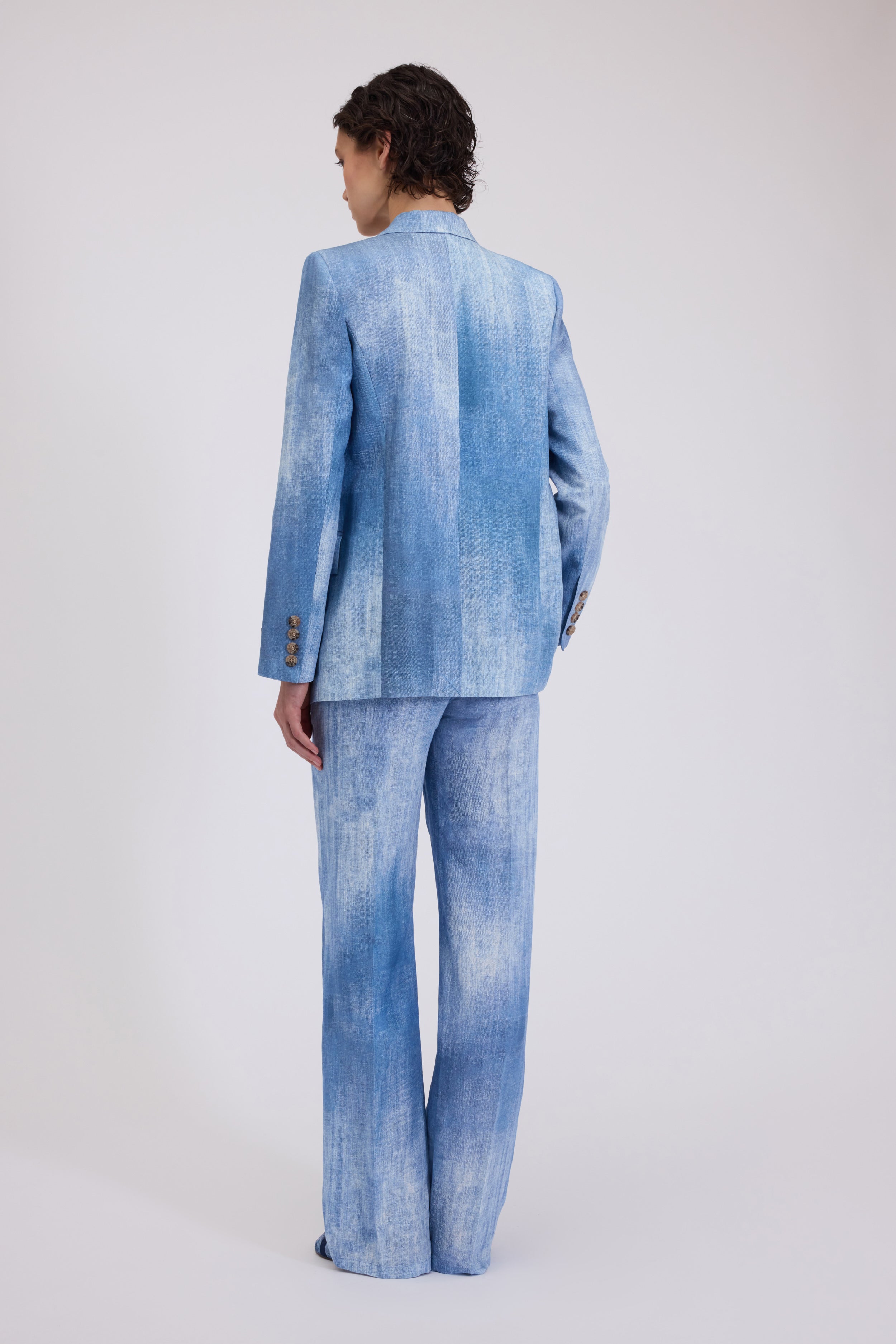 DOUBLE-BREASTED BLAZER IN LINEN-BLEND WITH DENIM PRINT AND FOULARD