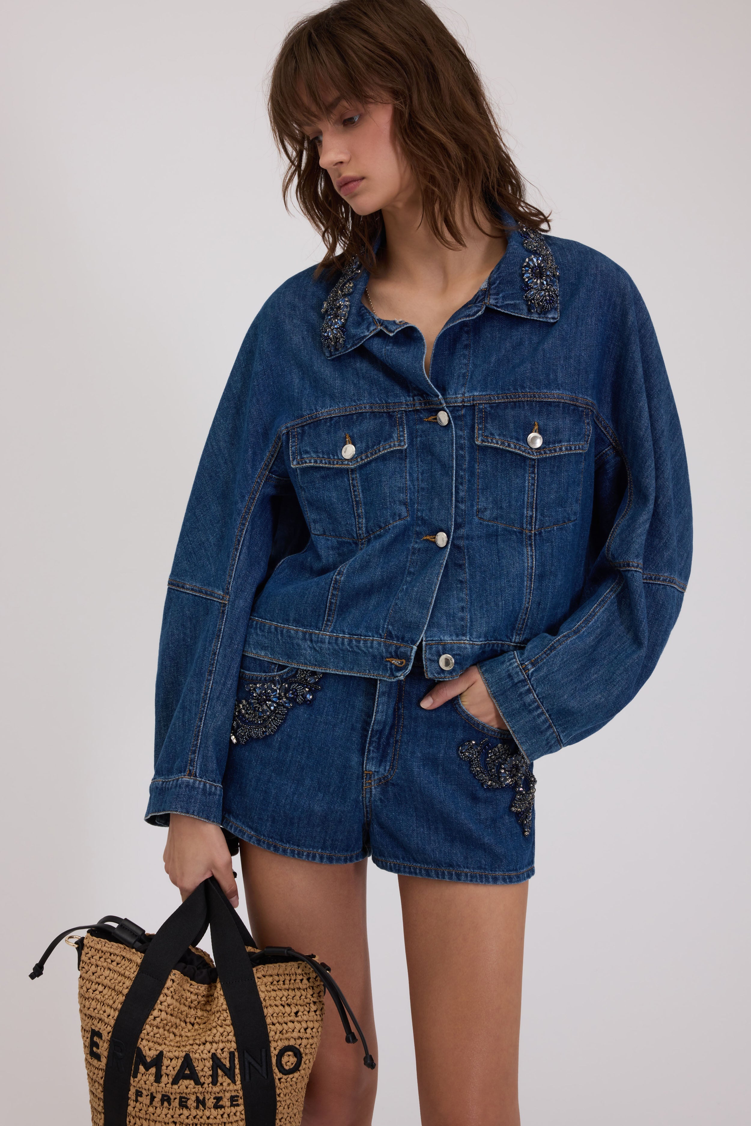 CROPPED DENIM JACKET WITH JEWEL COLLAR