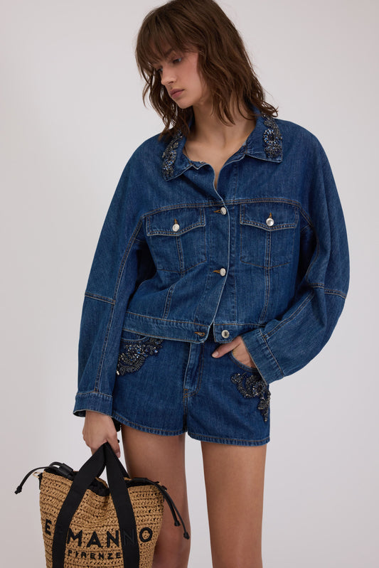 CROPPED DENIM JACKET WITH JEWEL COLLAR