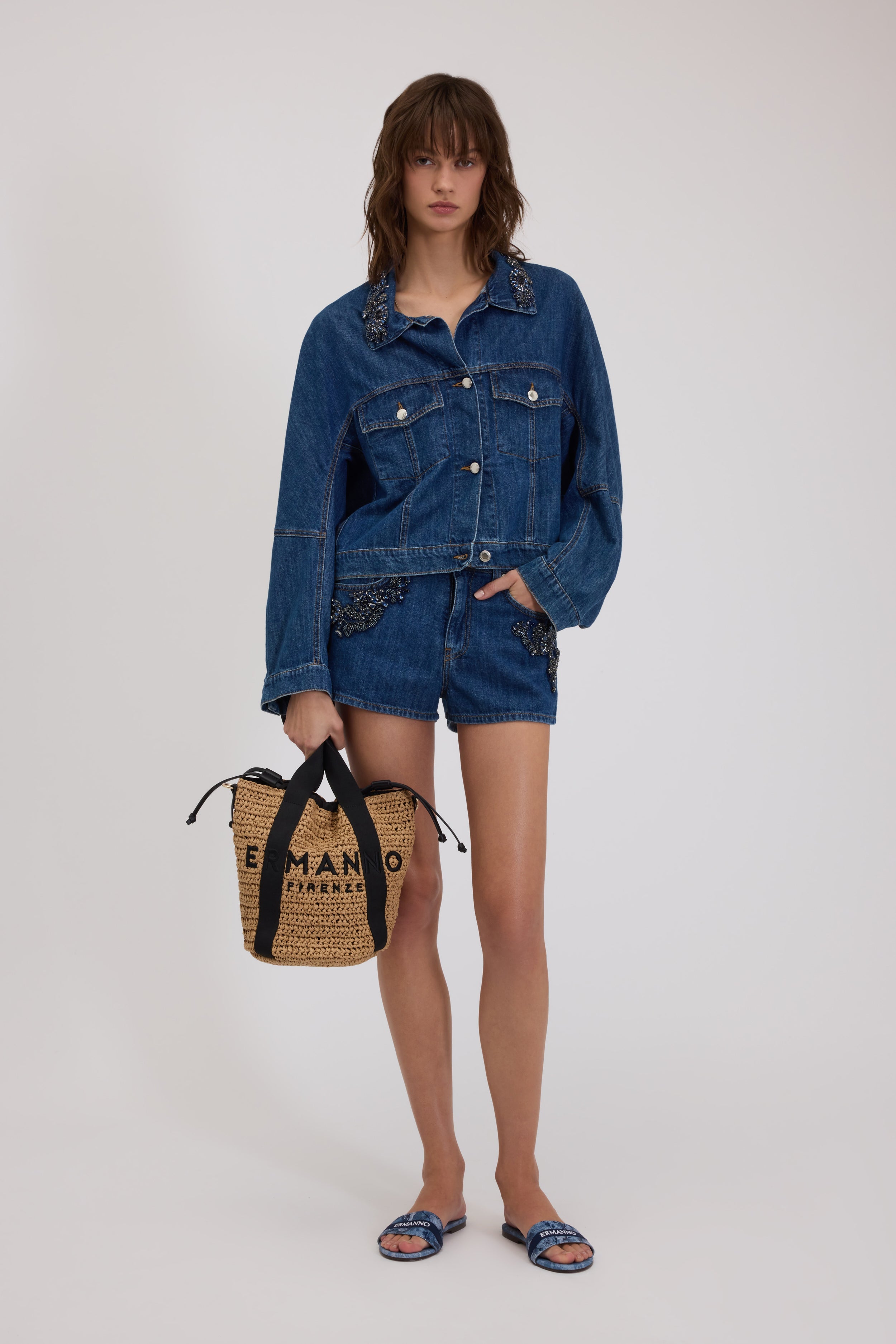 CROPPED DENIM JACKET WITH JEWEL COLLAR