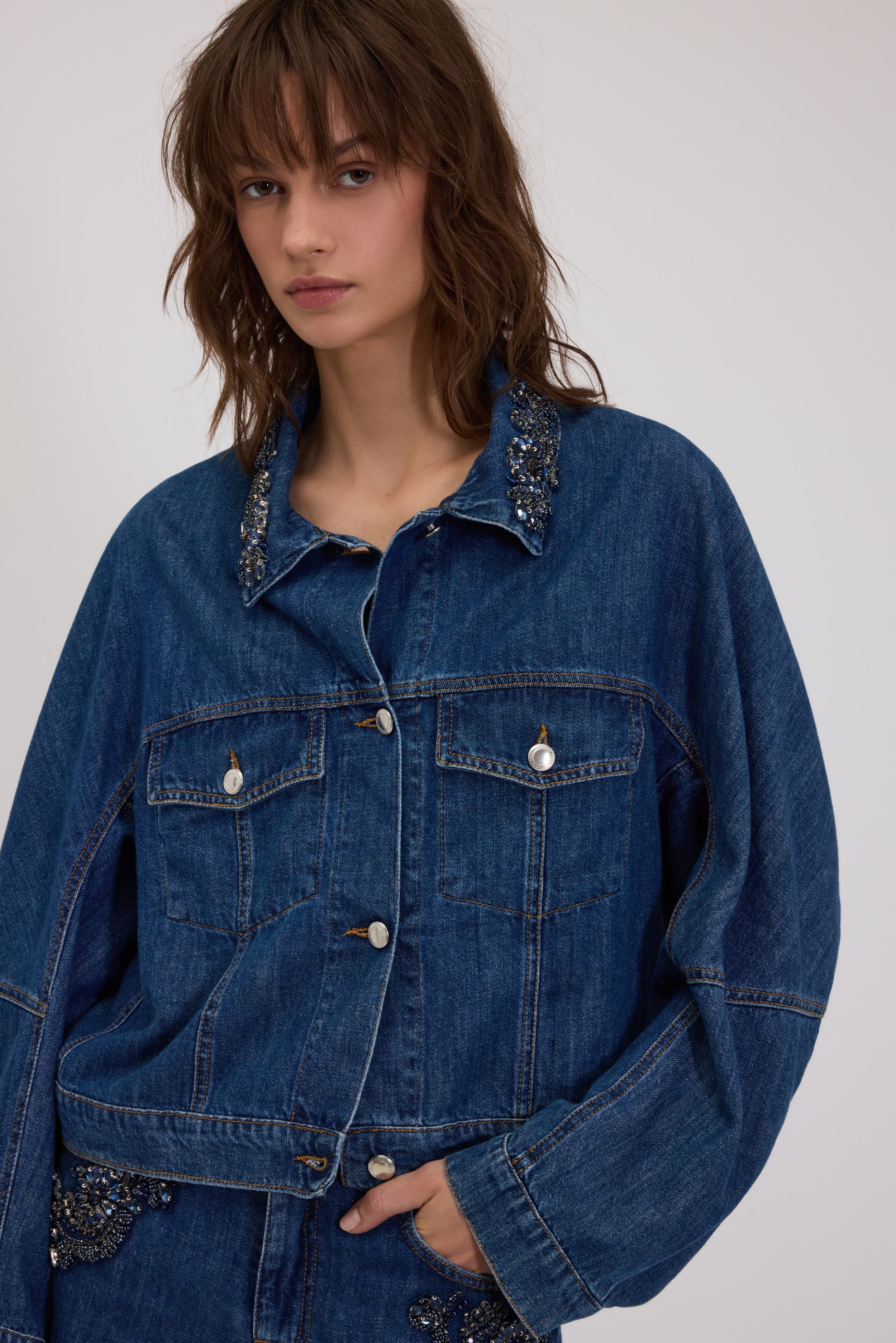 CROPPED DENIM JACKET WITH JEWEL COLLAR