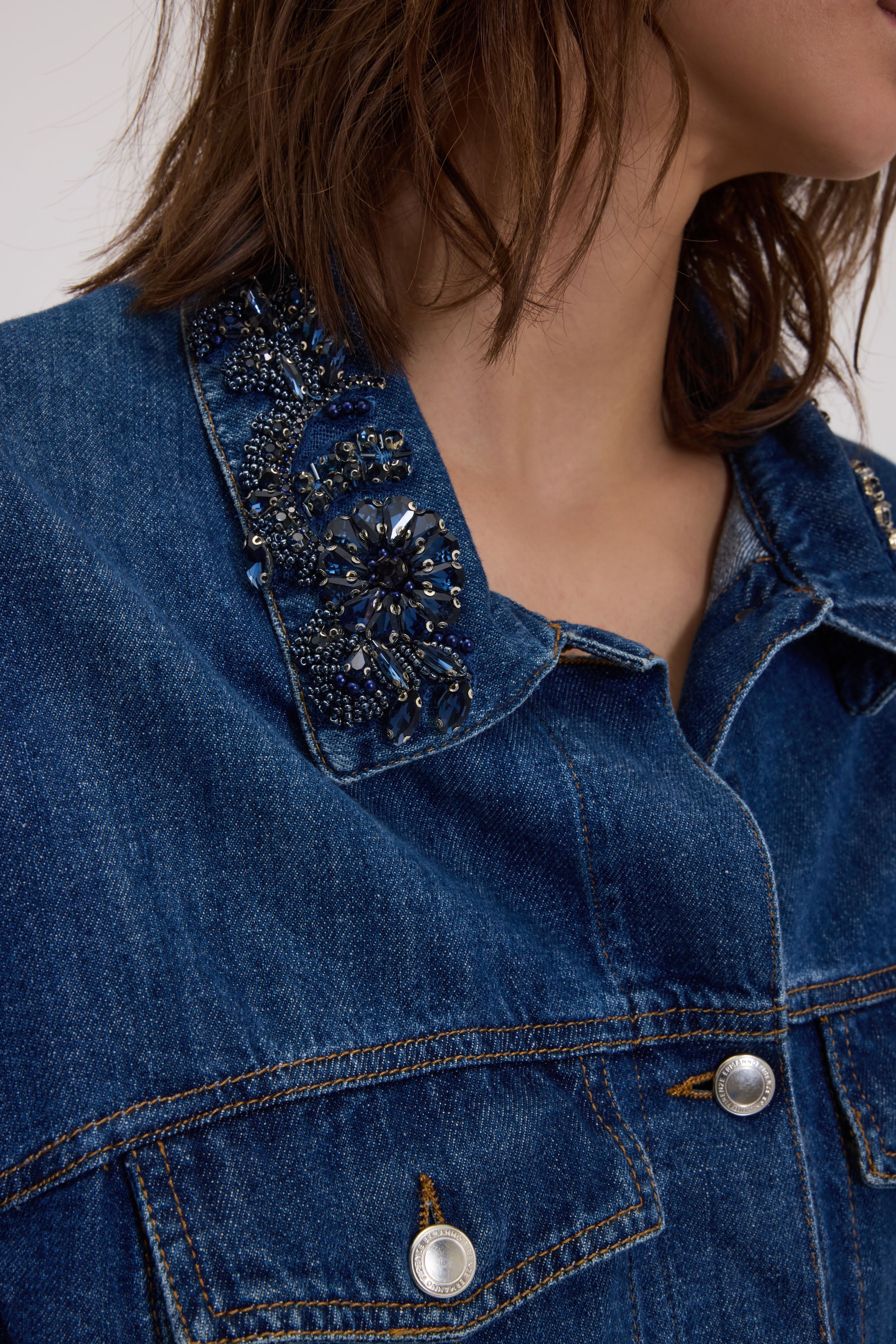 CROPPED DENIM JACKET WITH JEWEL COLLAR