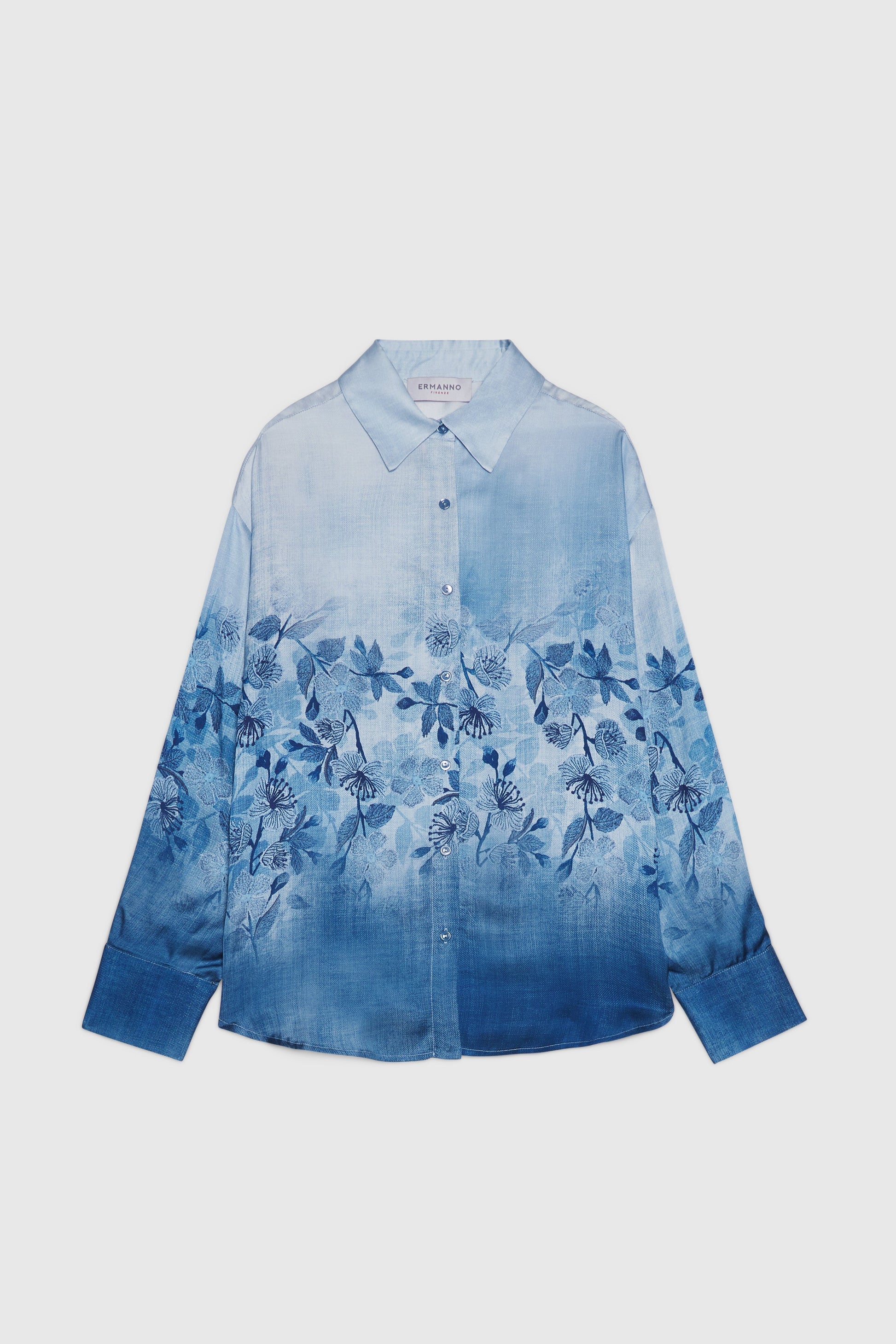 SATIN SHIRT DENIM PRINTED SHADED WITH FLOWERS AND BACK LOGO 