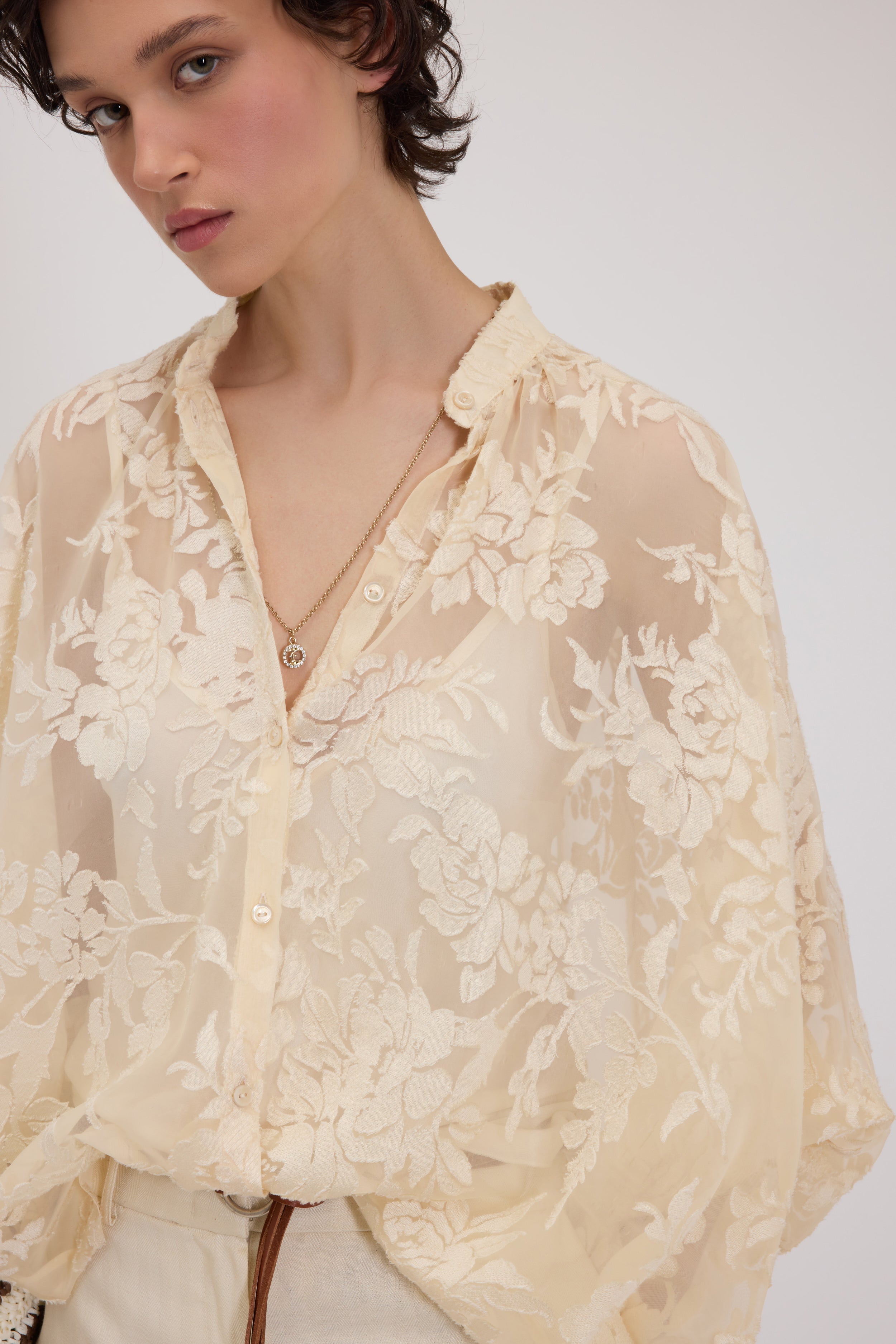 BLUSA AMPIA IN RASO DEVORÉ FLOREALE