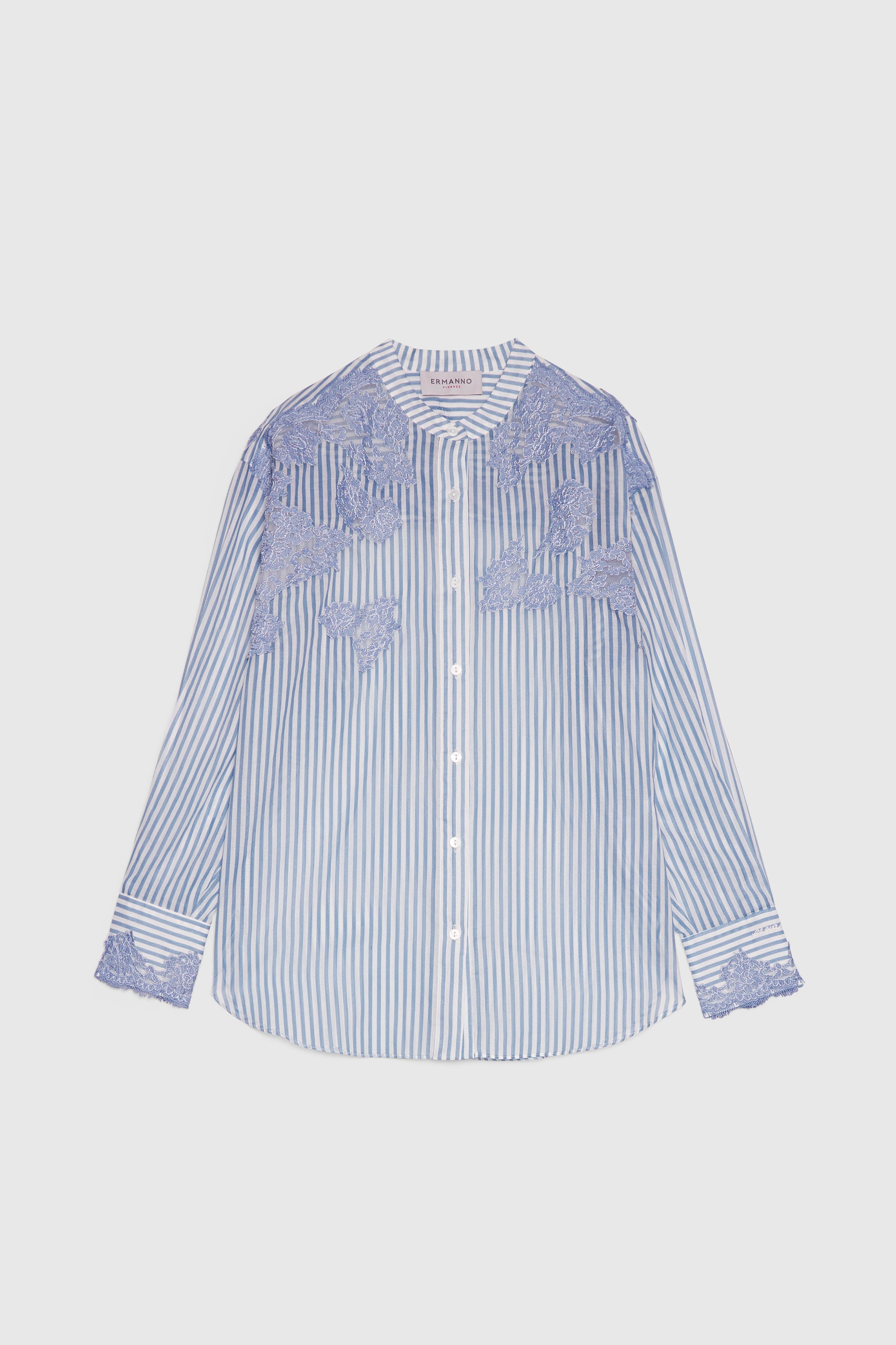 CHEMISE RAYÉ IMPRIMÉ DENIM AVEC DENTELLE BRODÉ