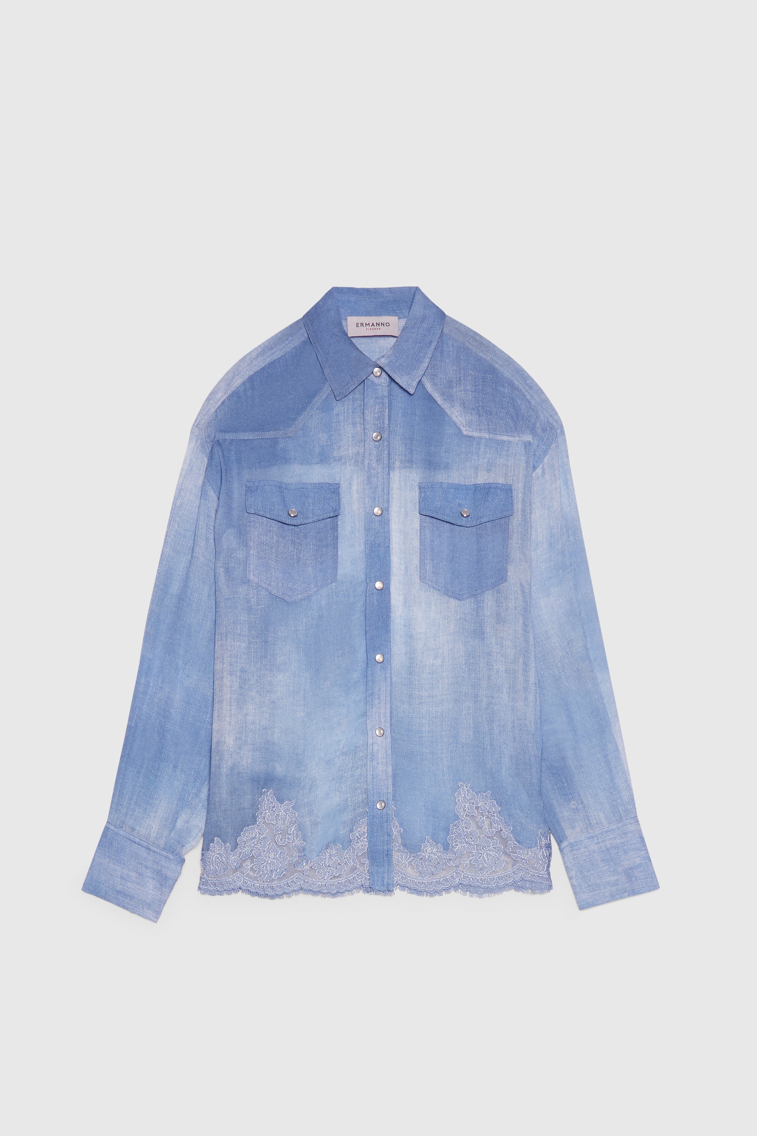 CHEMISE EN TISSU GEORGETTE IMPRIMÉ DENIM AVEC DENTELLE BRODÉ