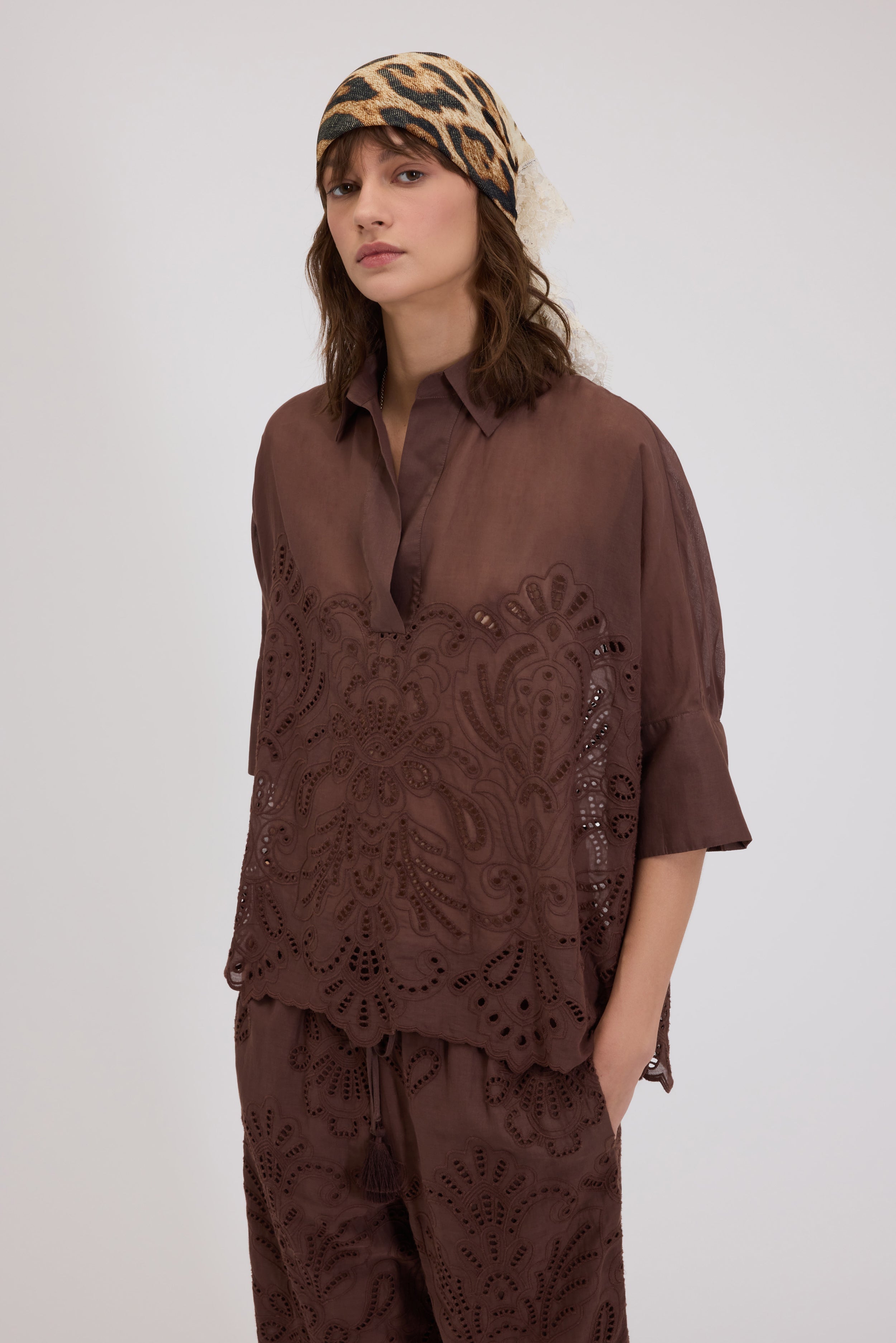KIMONO MUSLIN SHIRT WITH BRODERIE ANGLAISE  