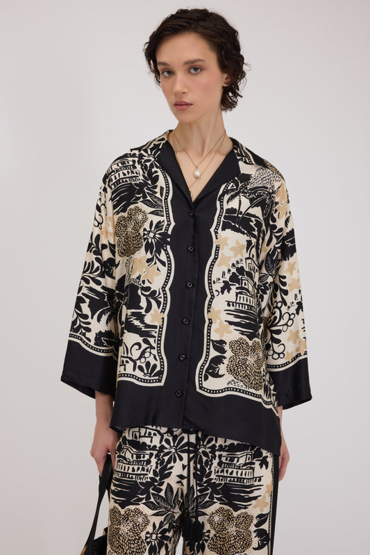 CAMICIA PIGIAMA IN RASO DI VISCOSA CON STAMPA TROPICALE A FOULARD