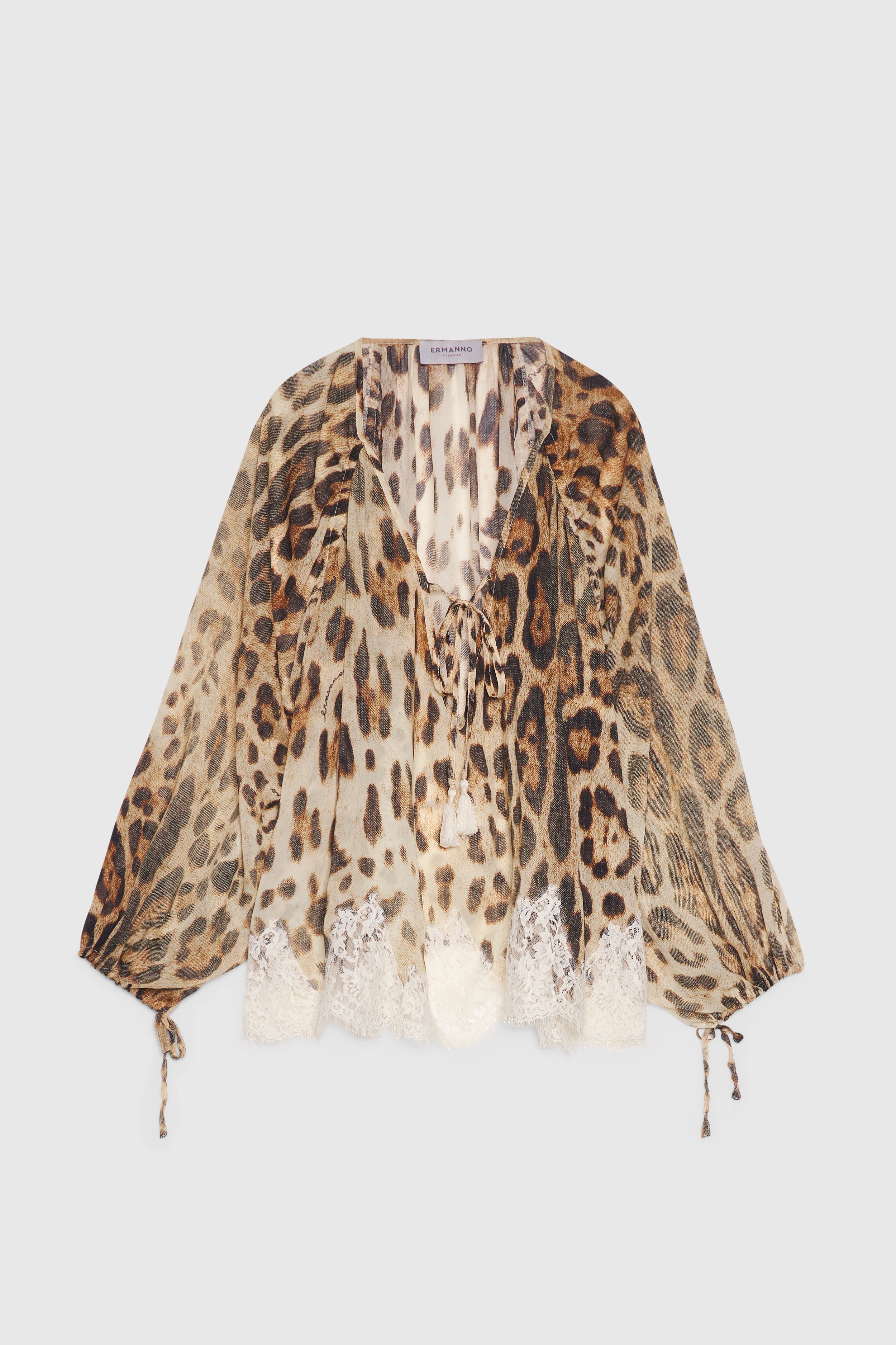 BLUSA IN GEORGETTE STAMPA ANIMALIER CON PIZZO