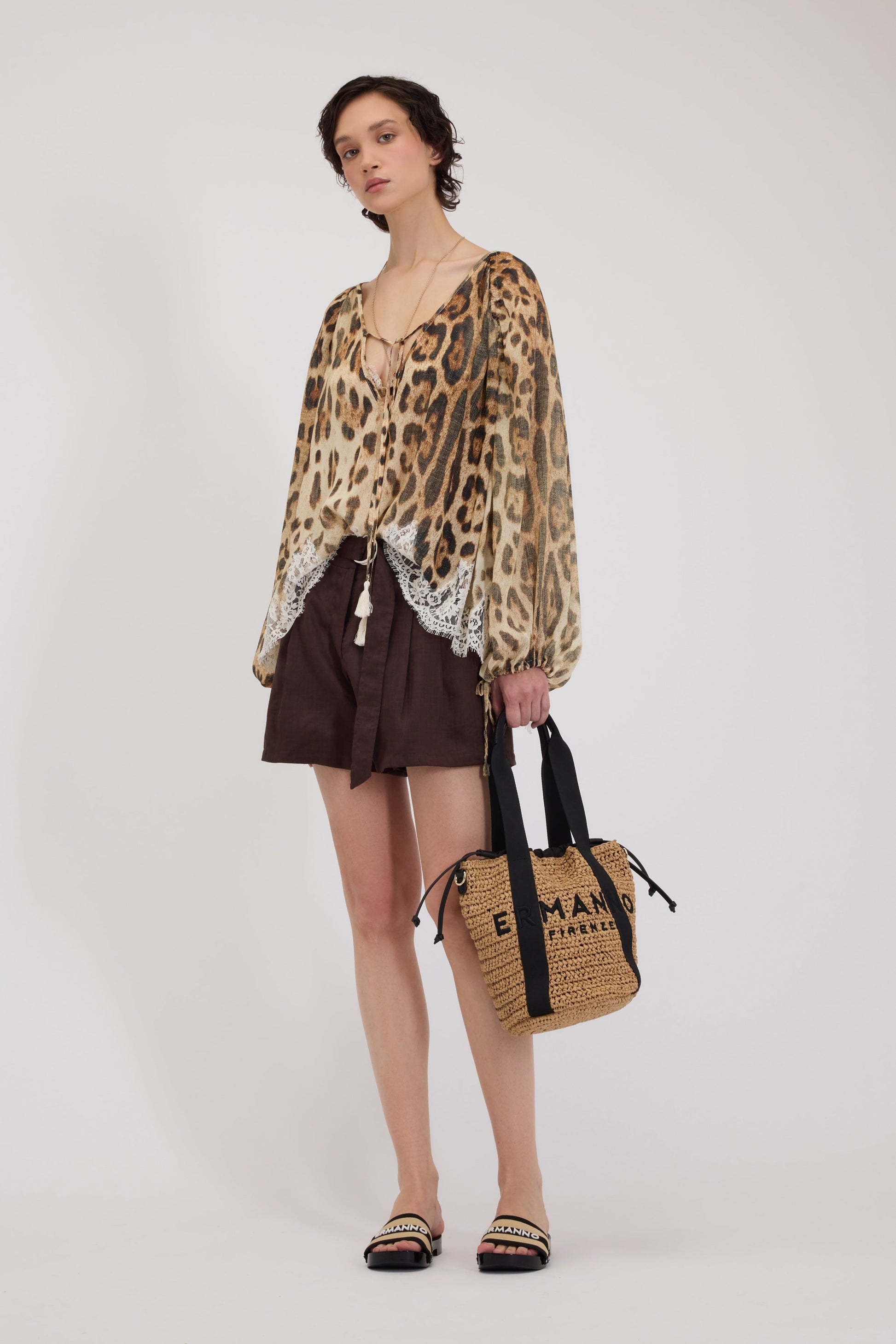 BLUSA IN GEORGETTE STAMPA ANIMALIER CON PIZZO
