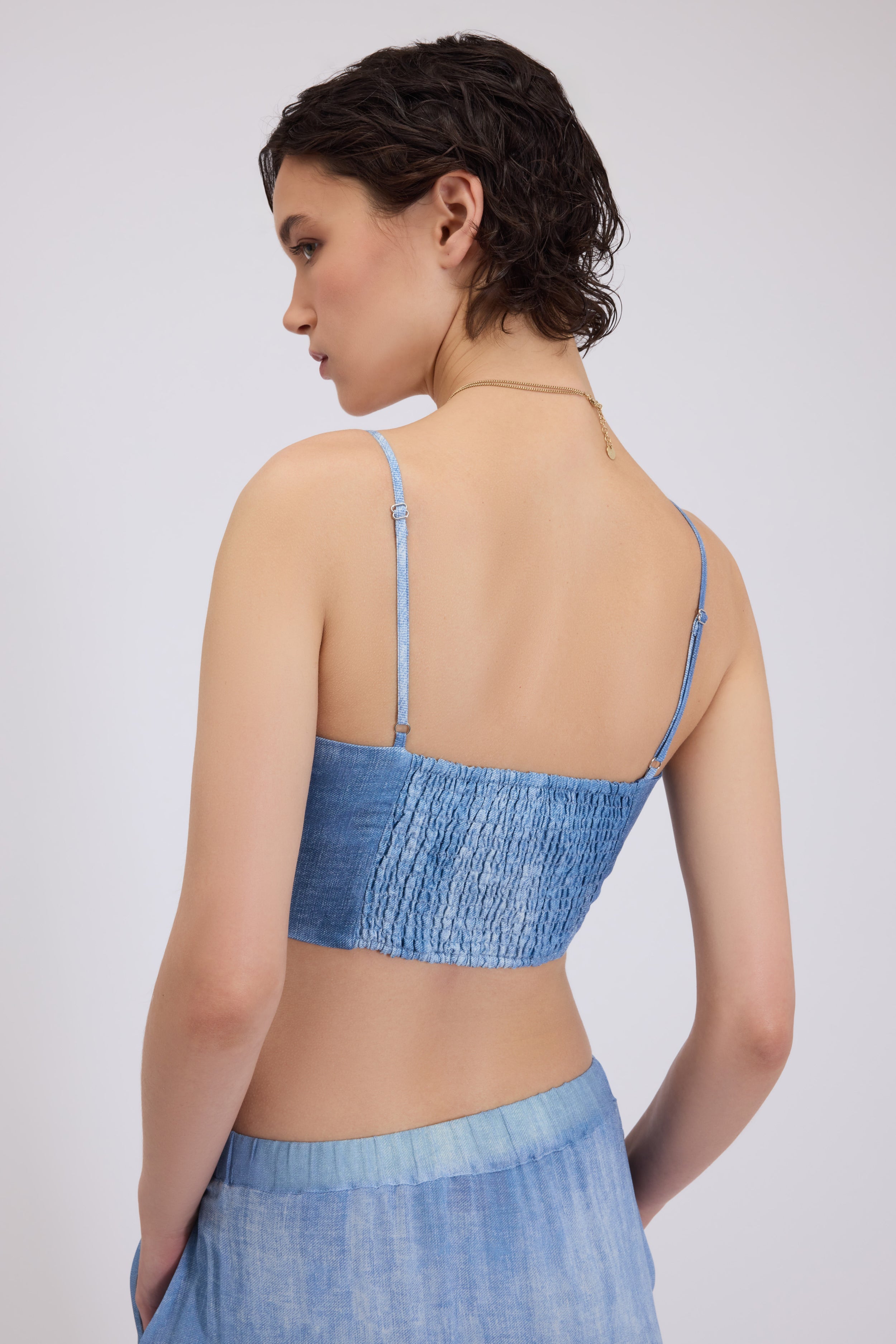 DENIM PRINT GEORGETTE BUSTIER