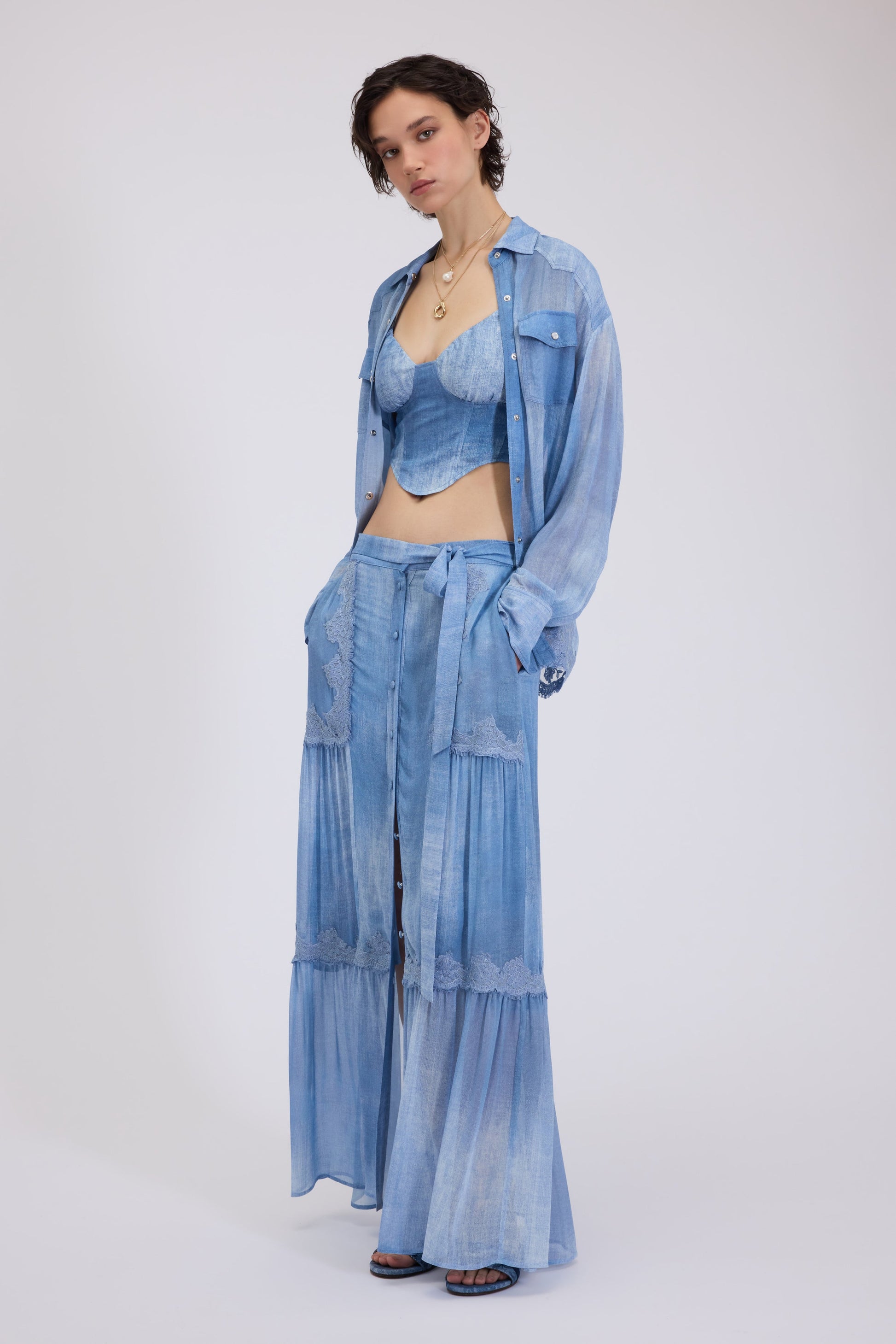 DENIM PRINT GEORGETTE BUSTIER