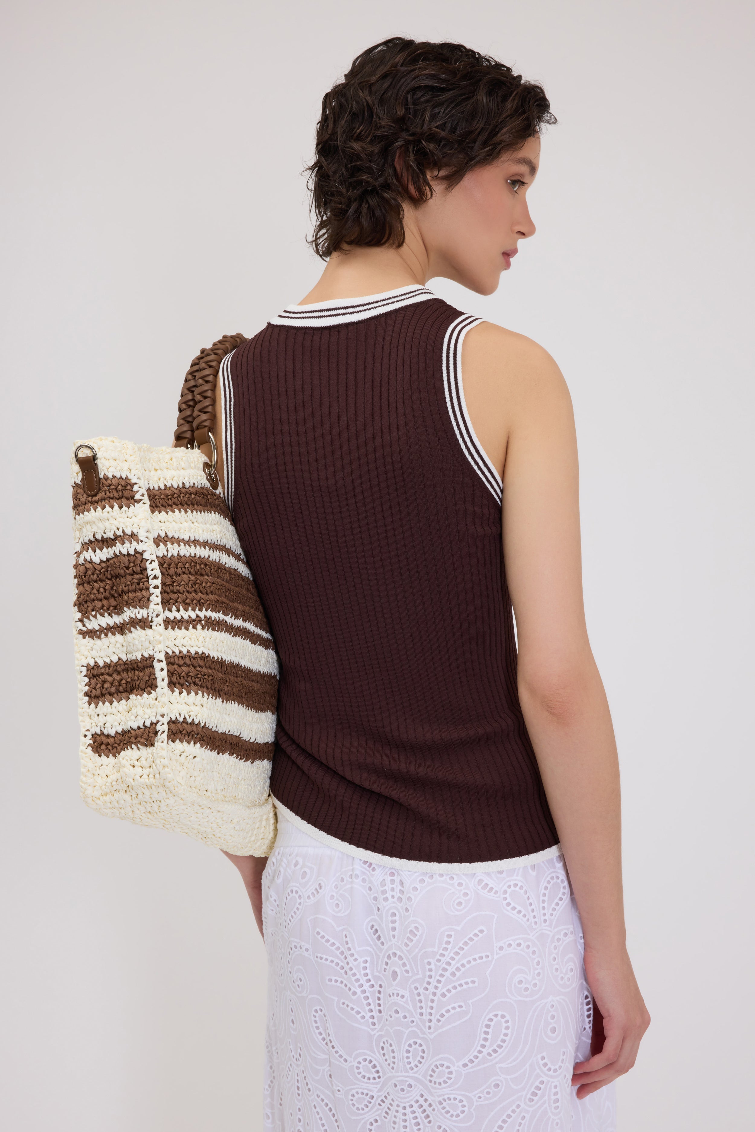 KNIT RIBBED VEST WITH STRIPED TRIMS AND LOGO 