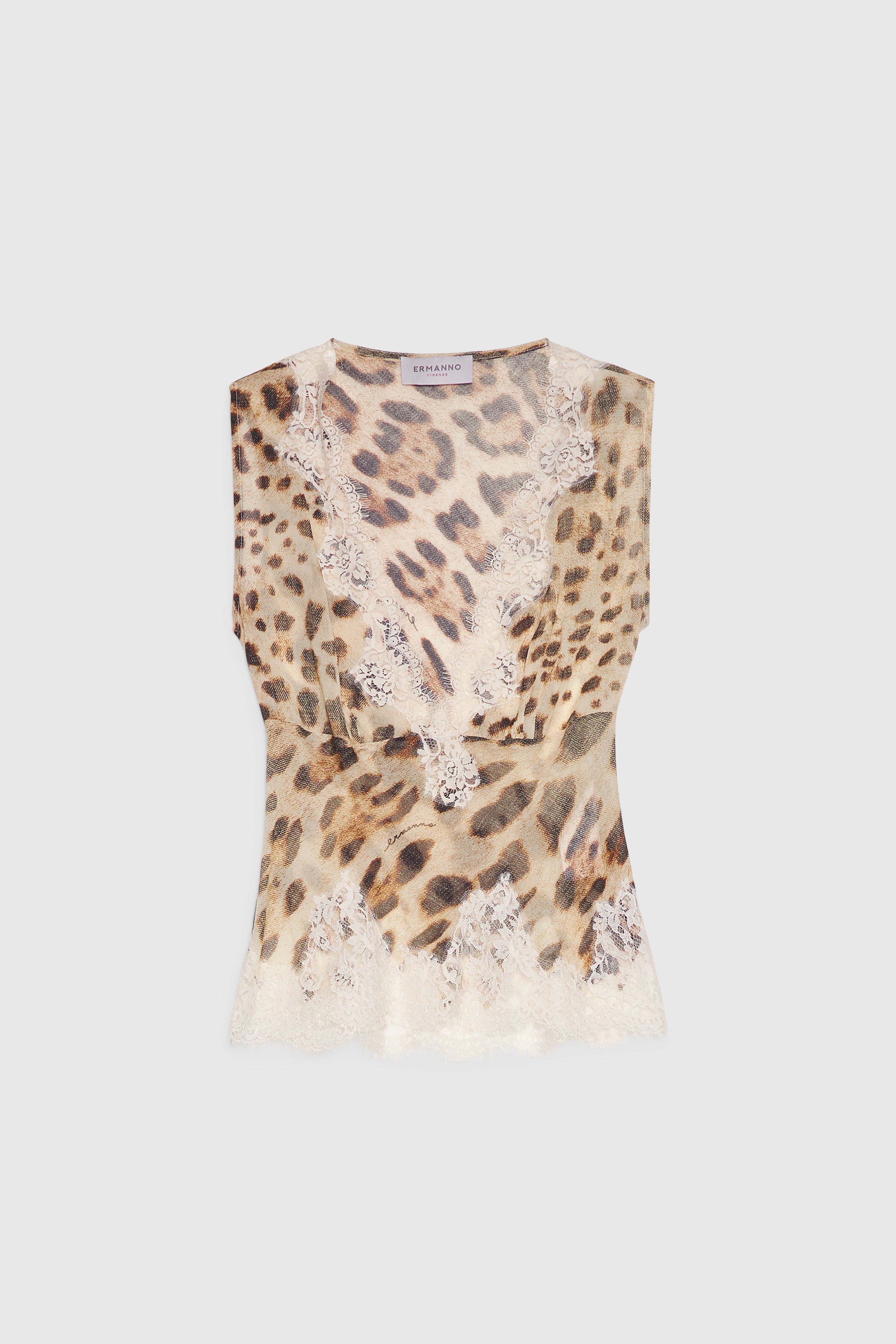 TOP EN GEORGETTE IMPRIMÉ LÉOPARD AVEC DENTELLE BRODÉ