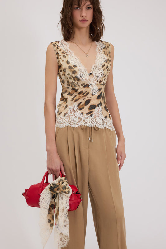 TOP IN GEORGETTE STAMPA ANIMALIER CON PIZZO RICAMATO
