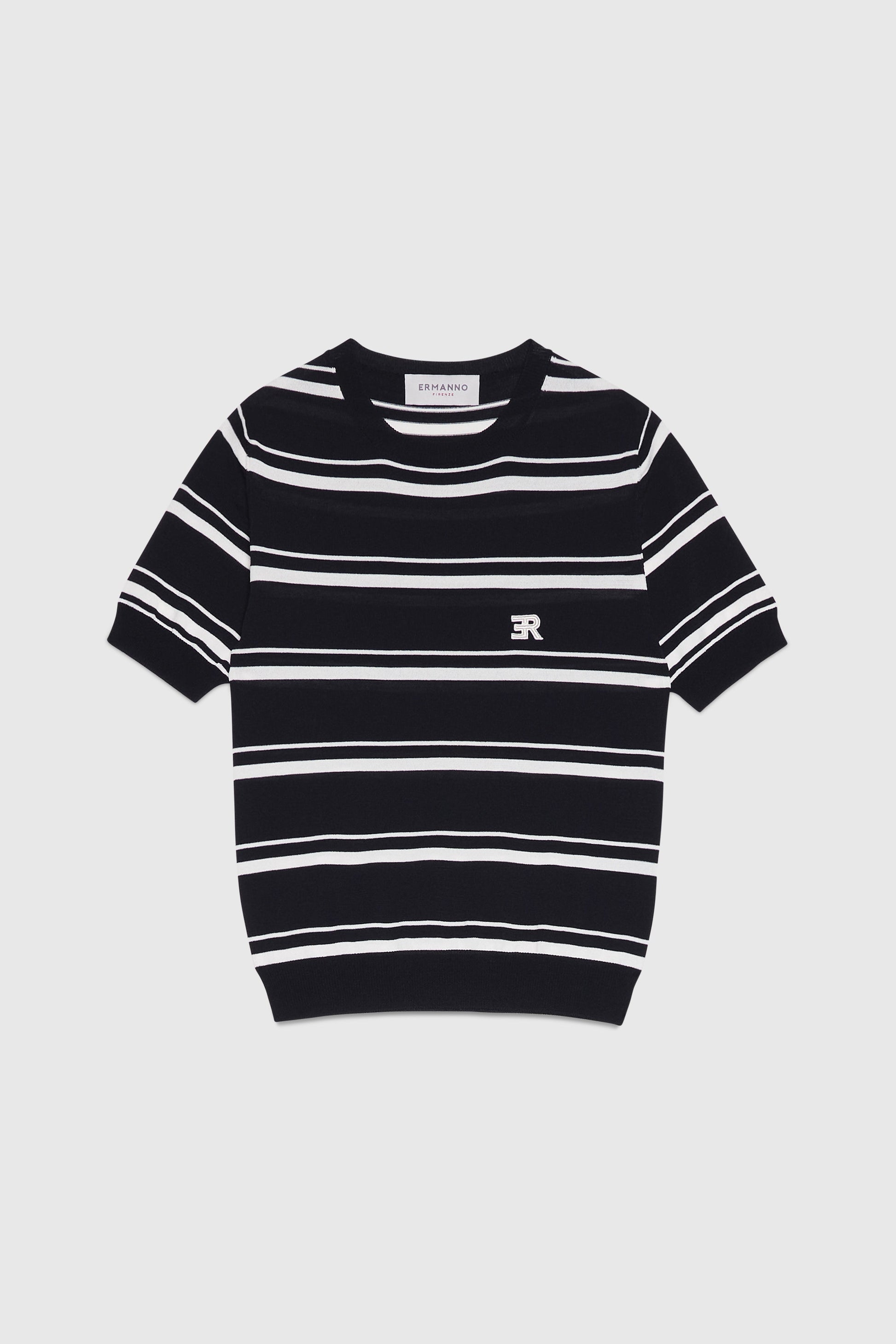 T-SHIRT IN MAGLIA SOTTILE A RIGHE BICOLORE CON LOGO