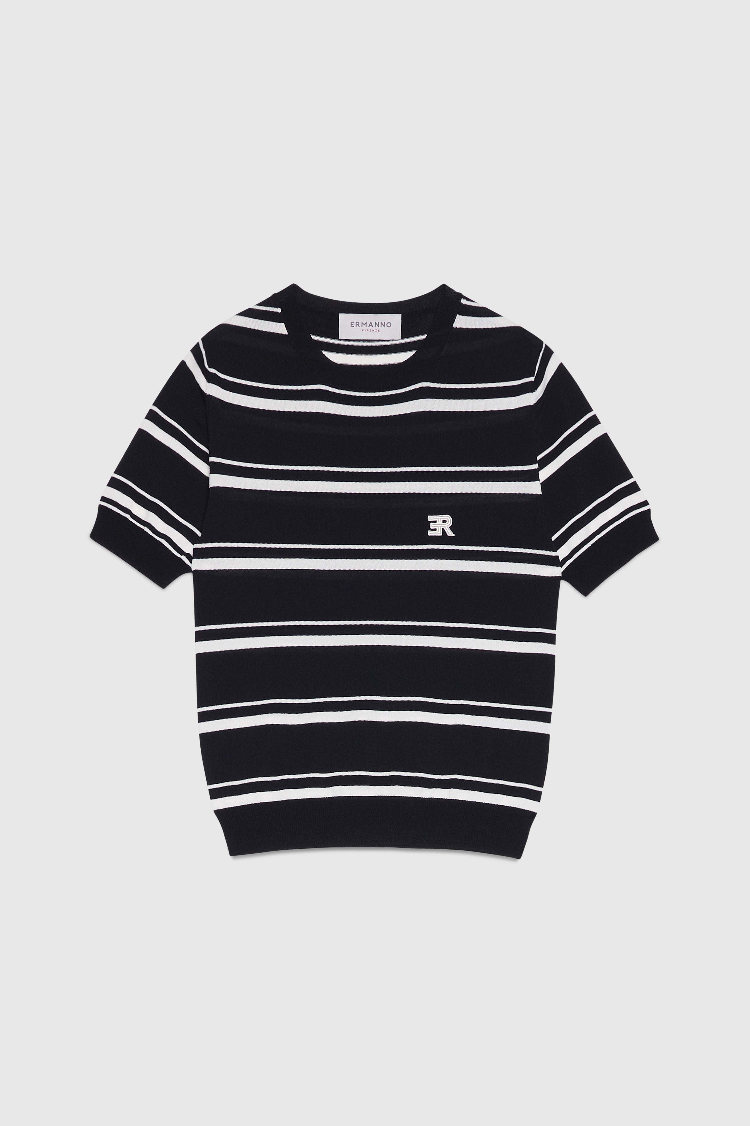 T-SHIRT IN MAGLIA SOTTILE A RIGHE BICOLORE CON LOGO