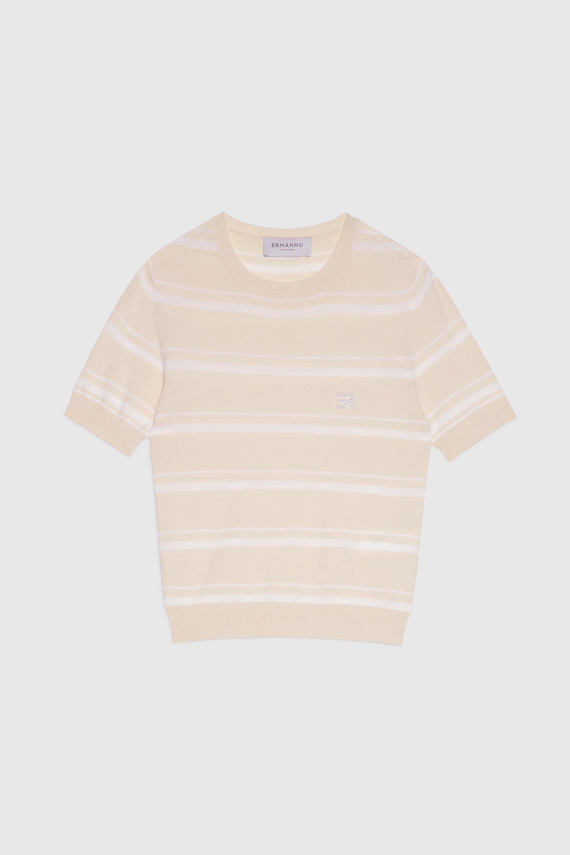 T-SHIRT IN MAGLIA SOTTILE A RIGHE BICOLORE CON LOGO