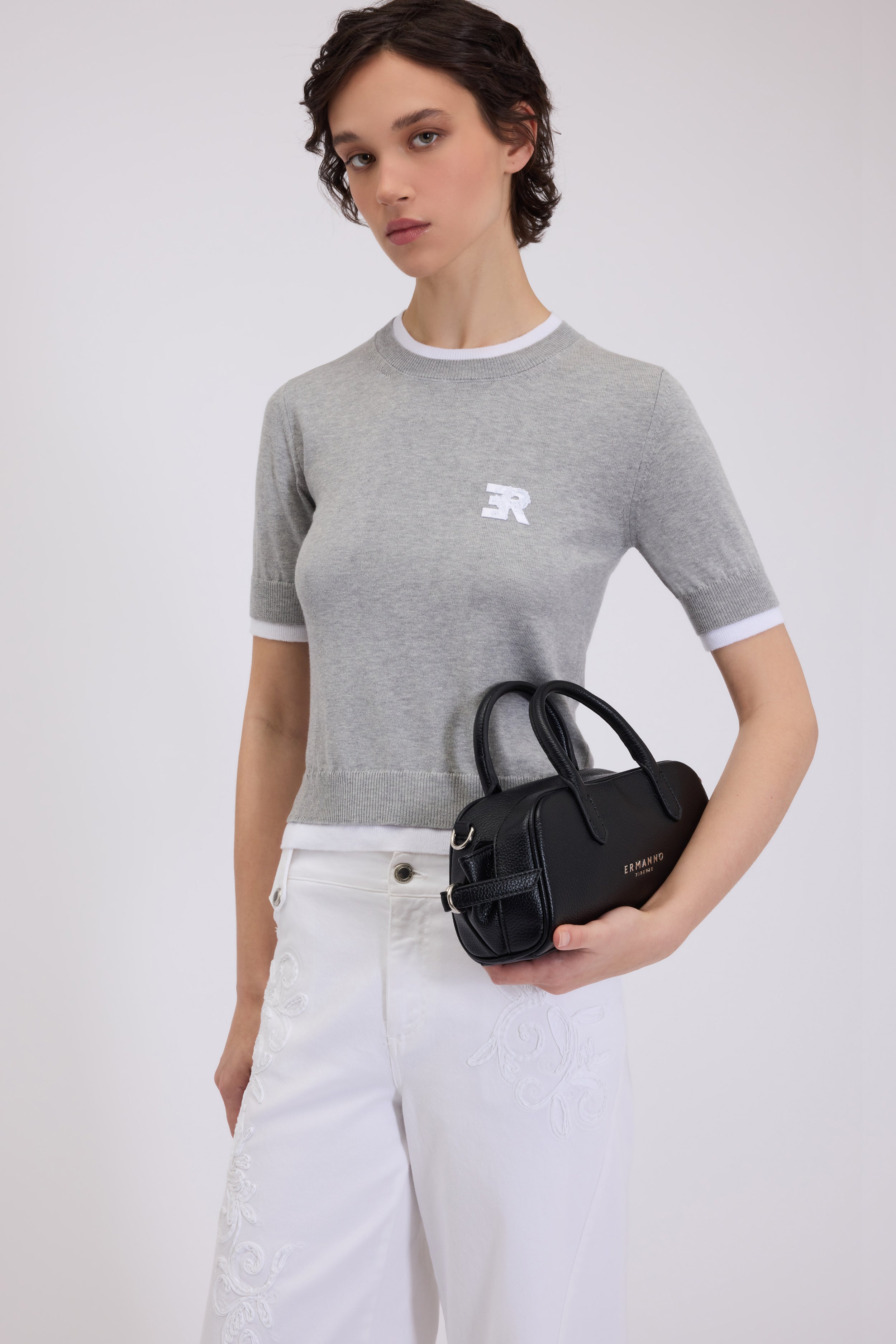 T-SHIRT TRICOTÉ COL ROND EN COTON BICOLORE