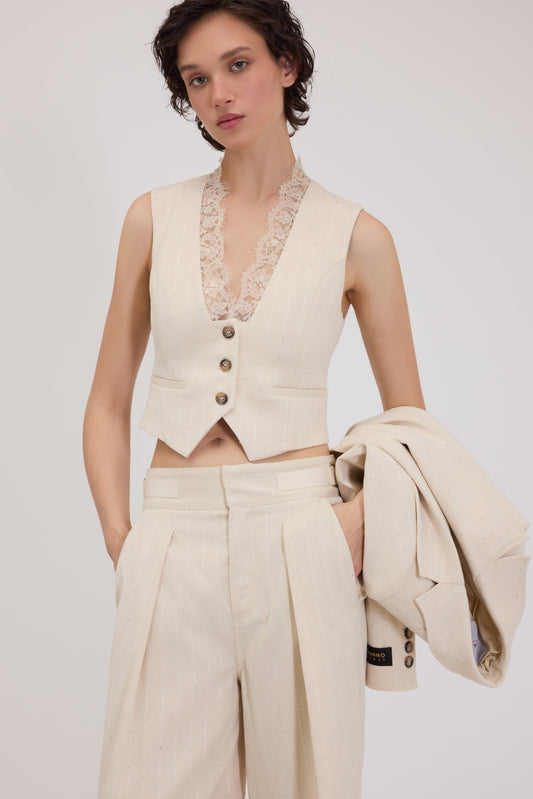 GILET GESSATO CON PAILLETTES E PIZZO ALLO SCOLLO