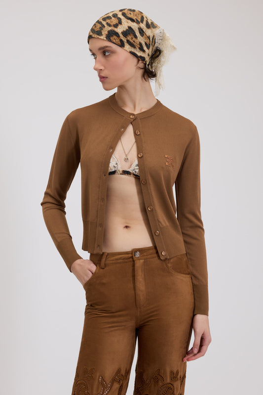 CARDIGAN GIROCOLLO CON LOGO IN PIZZO