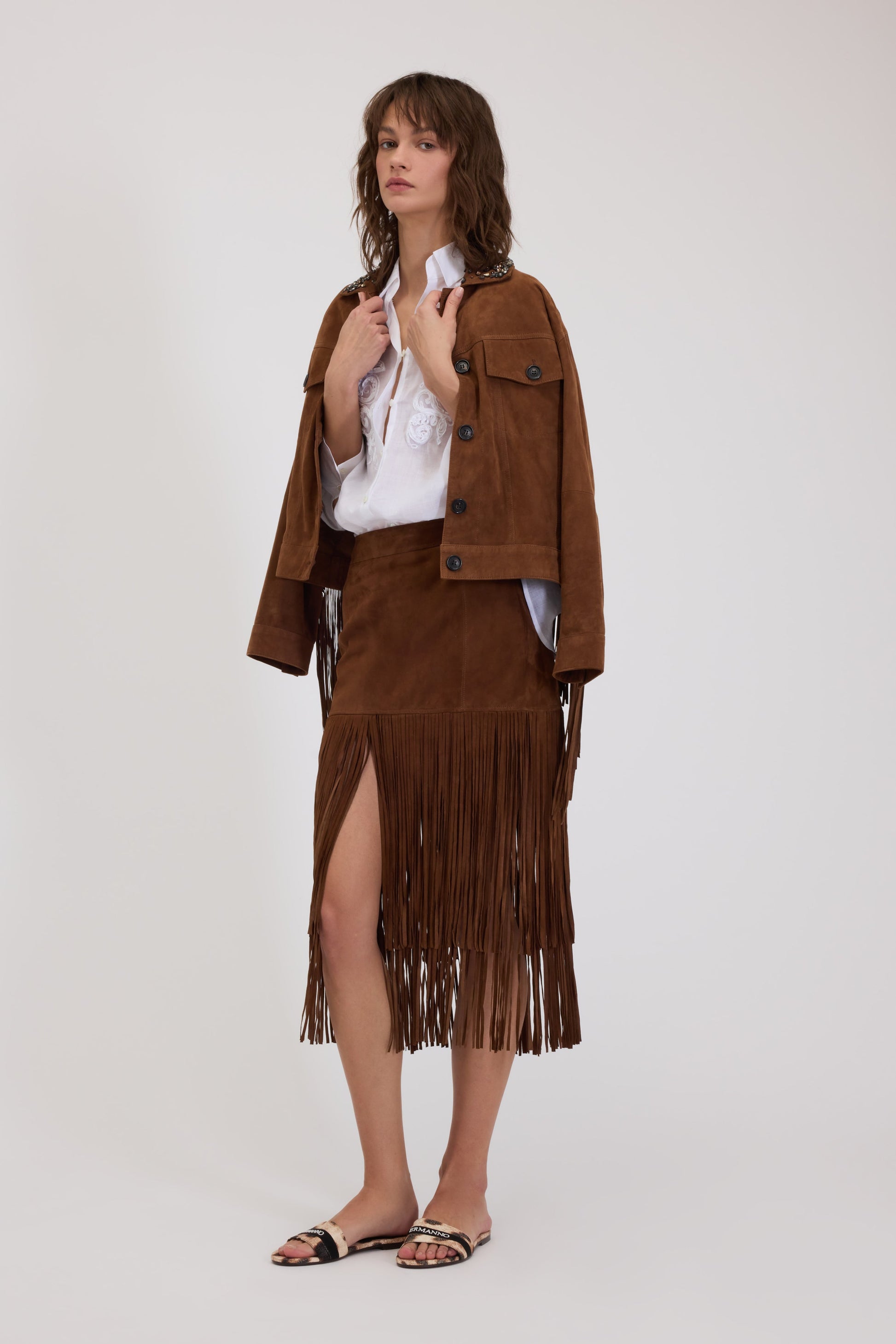 MIDI SUEDE SKIRT WITH FRINGES