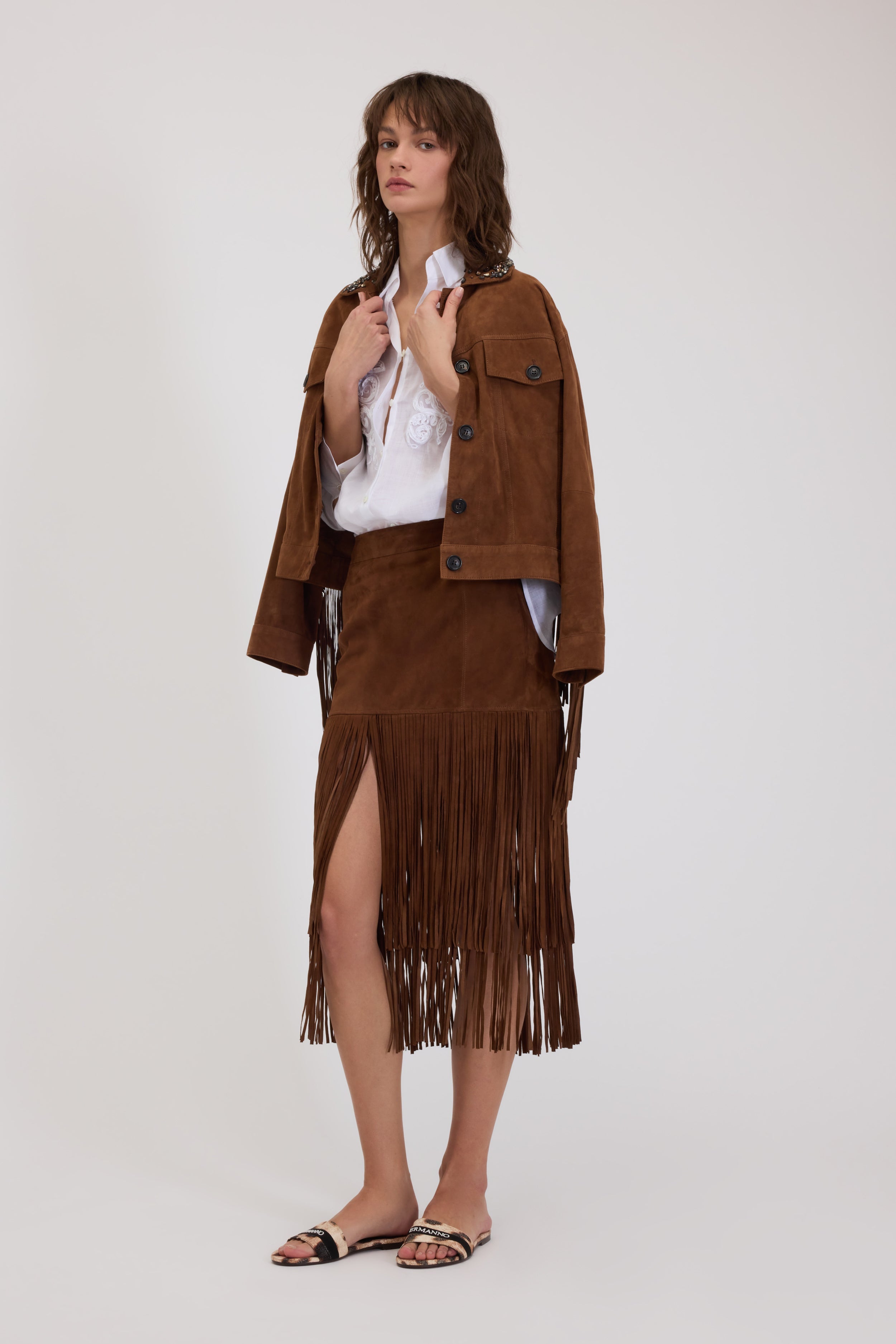 MIDI SUEDE SKIRT WITH FRINGES