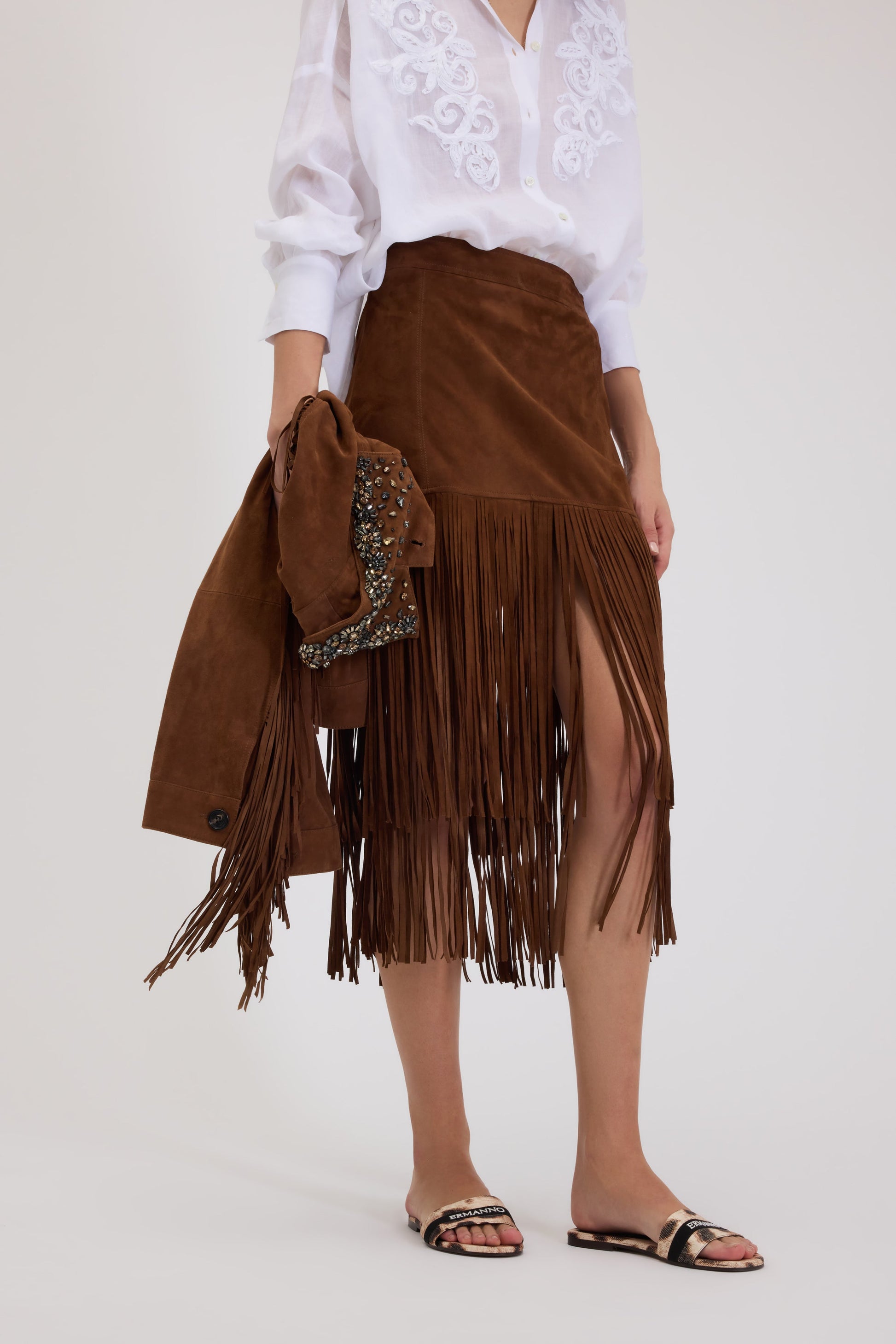 MIDI SUEDE SKIRT WITH FRINGES