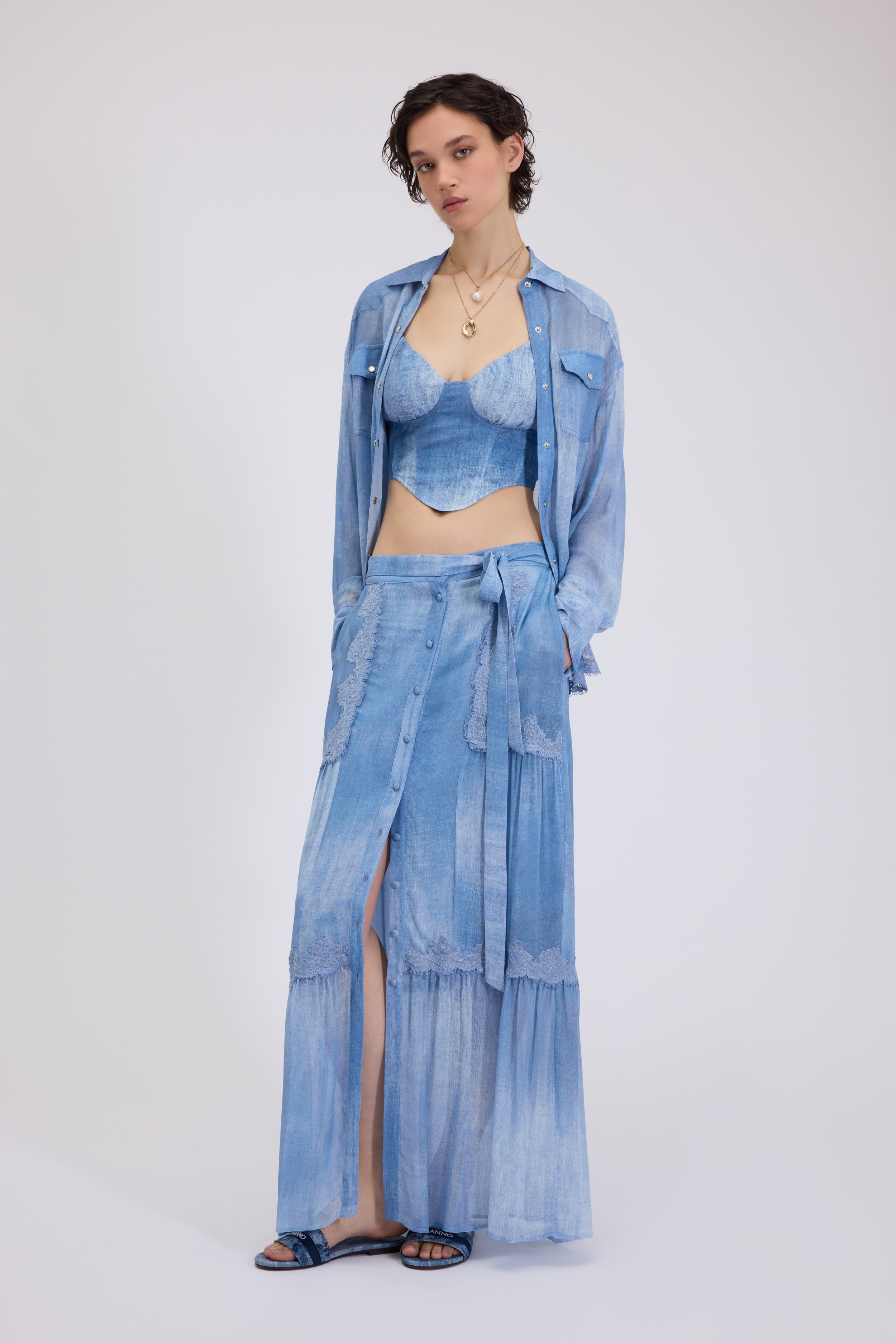 GEORGETTE LONG SKIRT DENIM PRINT WITH LACE