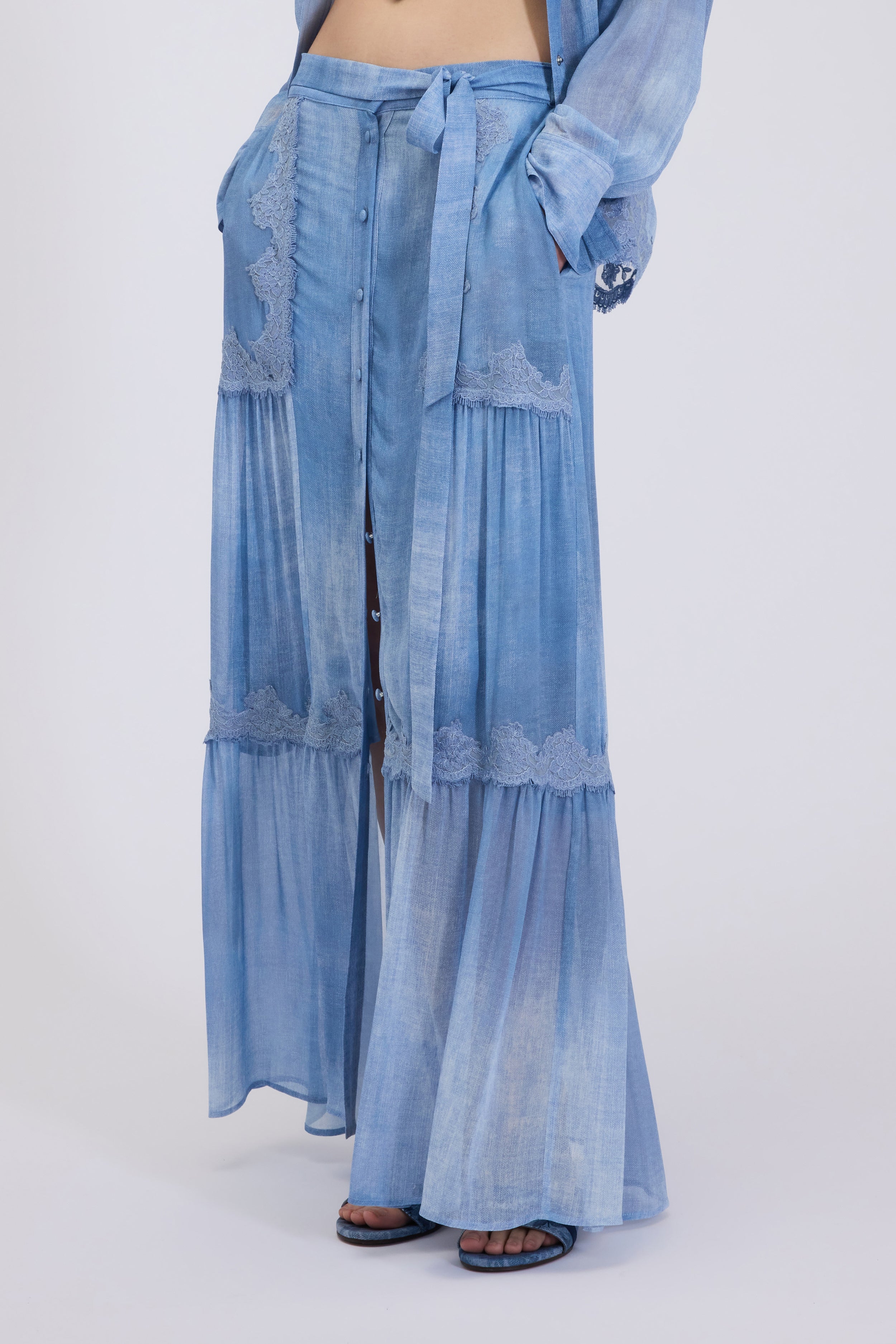 GEORGETTE LONG SKIRT DENIM PRINT WITH LACE