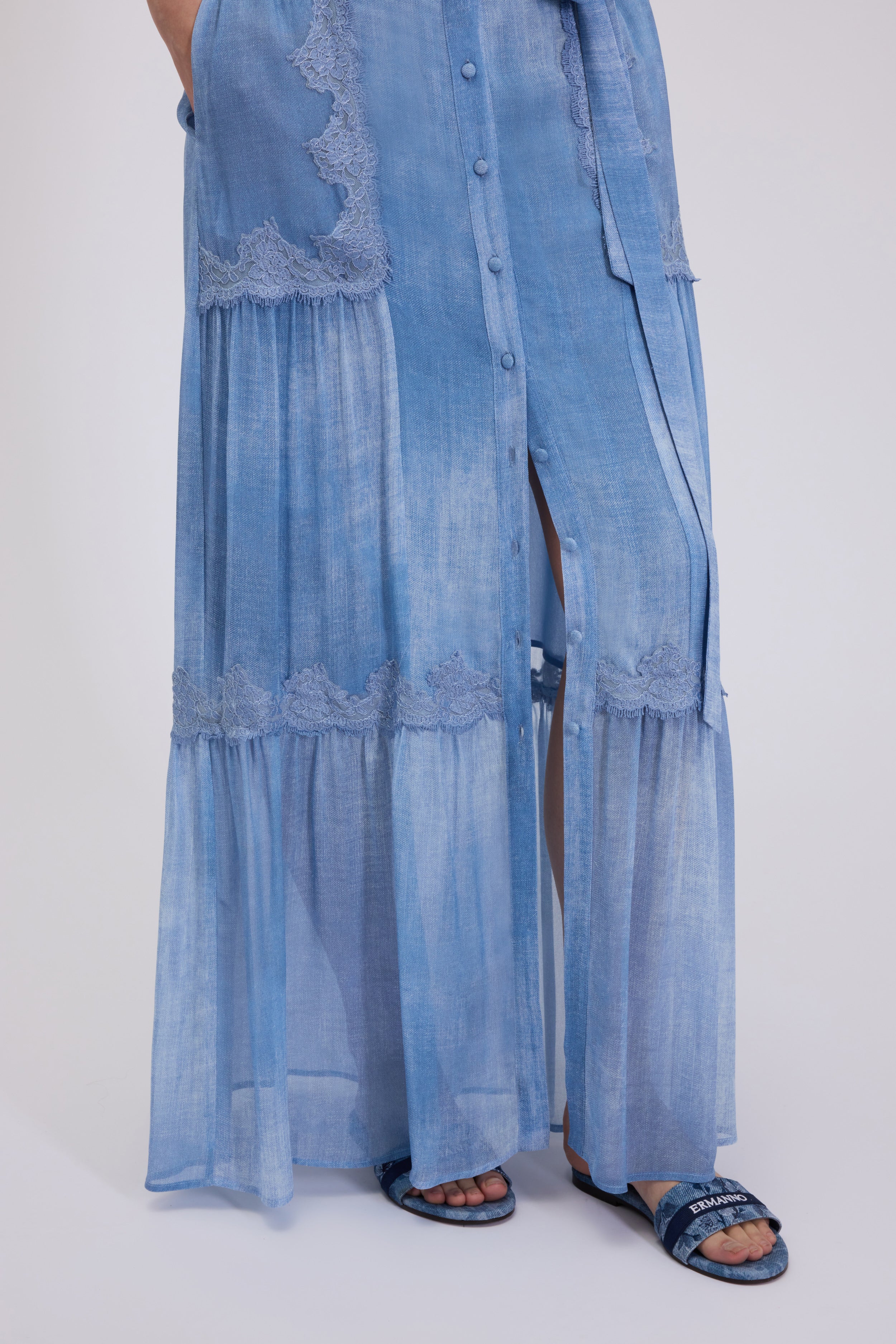 GEORGETTE LONG SKIRT DENIM PRINT WITH LACE