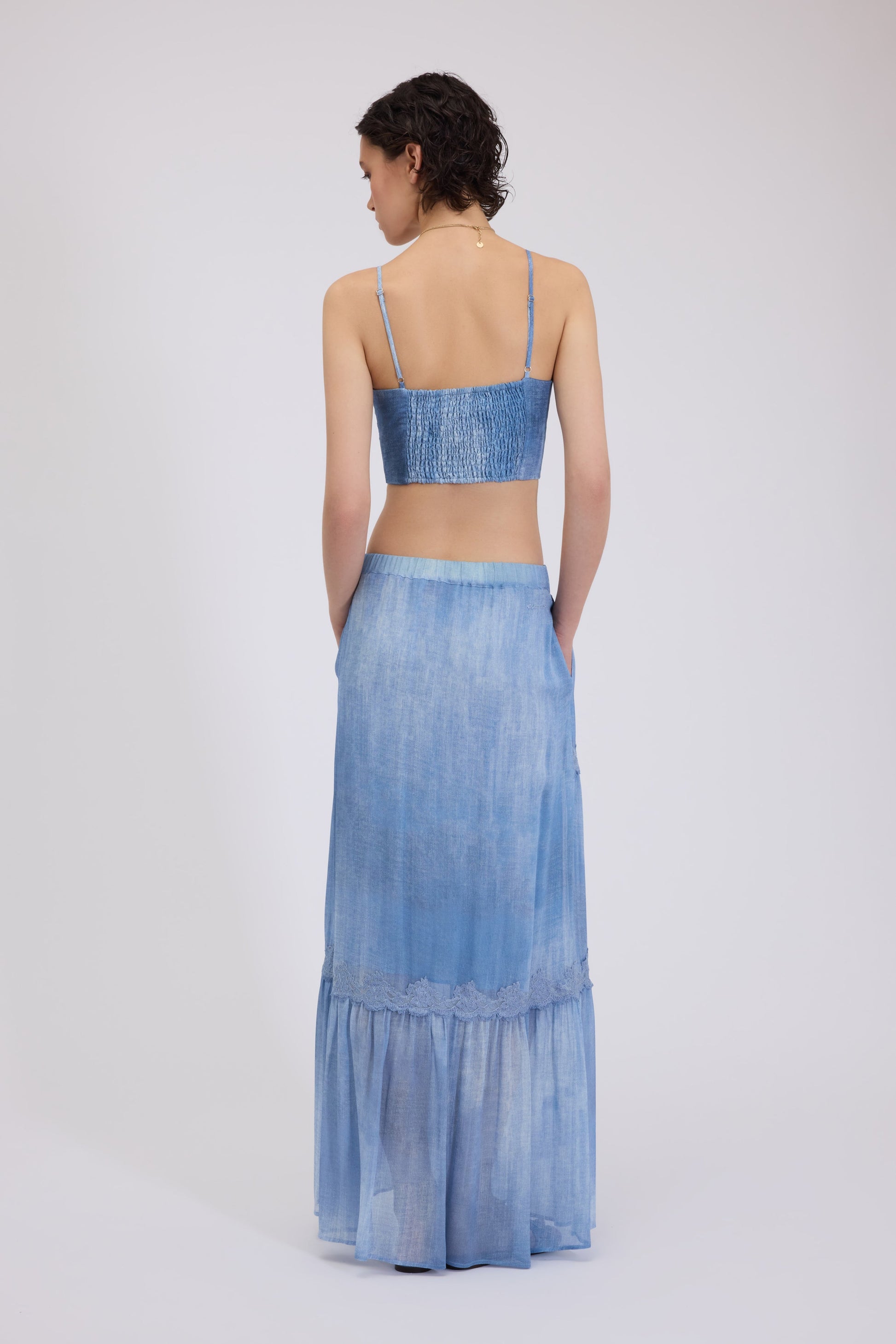 GEORGETTE LONG SKIRT DENIM PRINT WITH LACE